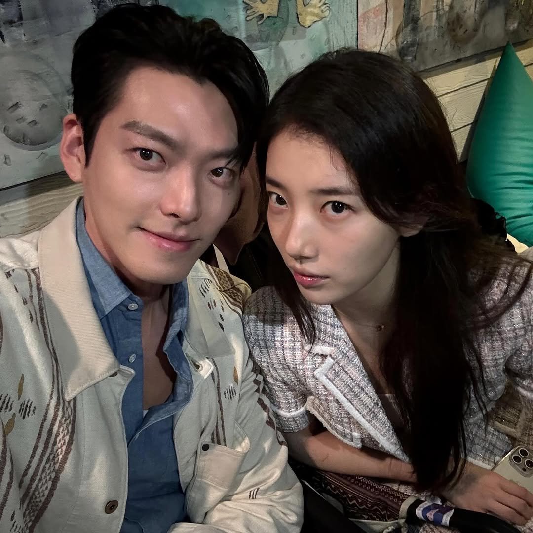 Photo shared by 김우빈 on October 09, 2025 tagging @skuukzky. May be an image of one or more people, hair, top and text.