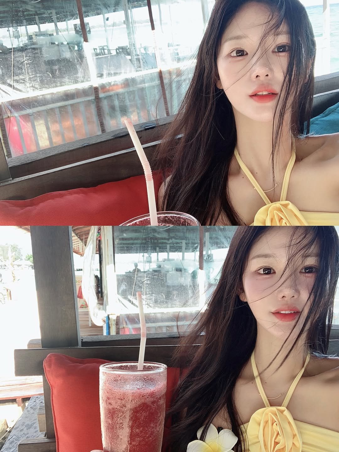 Photo by 오운완 일기🏋🏻‍♀️ on August 09, 2025. May be an image of 2 people, strawberry daiquiri and text.