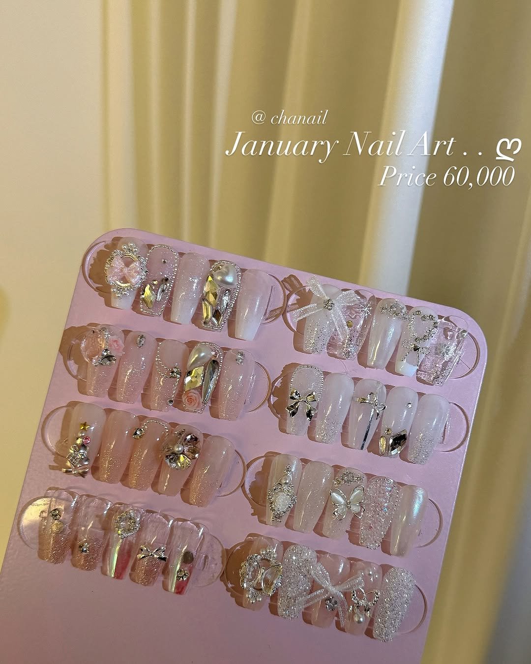 Photo by 수원네일 | 수원역네일 | 수원역 본점 • CHANAIL 샤네일🤎 on December 28, 2025. May be an image of one or more people, fingernails and text that says 'JanuaryNailArt.. ឬ a chanail January Nail Art. Price 60, 60,000 Price60,000 000 ் Aи LMD'.