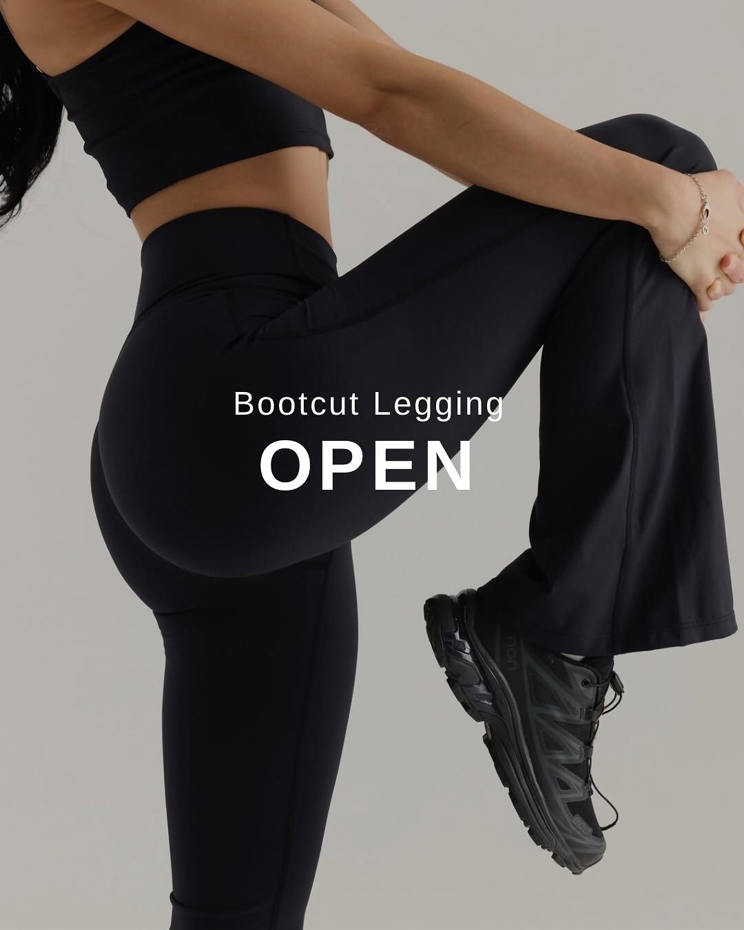 Photo shared by 염민경 on October 10, 2025 tagging @vividnbasic_official. May be an image of activewear, sweatpants, sportswear, tights and text that says 'Bootcut Legging OPEN'.