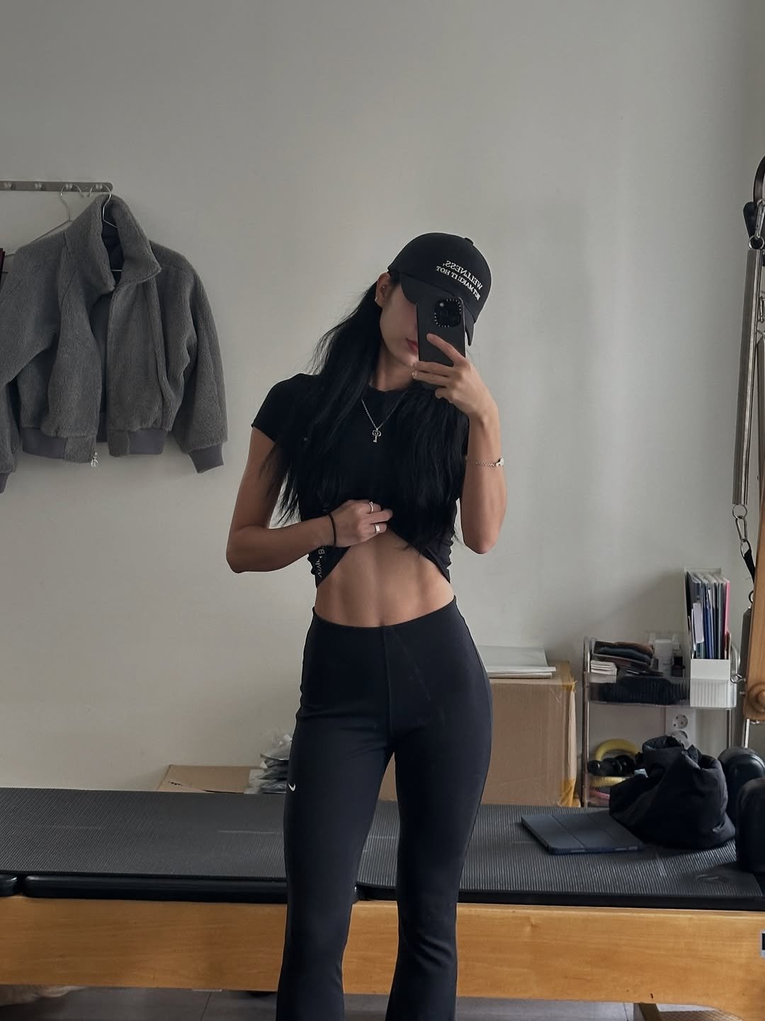 Photo shared by 염민경 on November 03, 2025 tagging @vividnbasic_official. May be a selfie of activewear, sweatpants, sportswear and text.