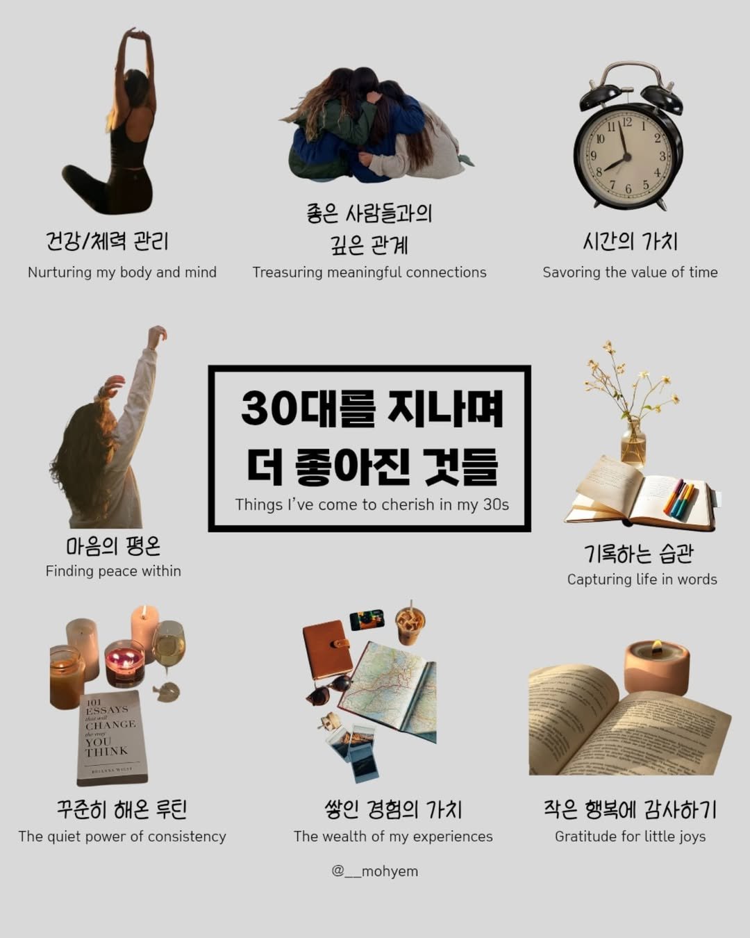 Photo by 지금모혬 | 직장인 • 루틴 • 영어공부 on August 13, 2025. May be an illustration of 3 people, poster, book and text that says '112 10 9 2 건강/체력 관리 Nurturing my body and mind 4 좋은 사람들과의 깊은 깊은관계 Treasuring meaningful reasuringmeaningful.connetions connections 시간의 가치 Savoring the value of time 30대를 지나며 더 좋아진 것들 Things I've come to cherish in my 30s 마음의 마음의평온 평ㅇ온 Finding peace within 기록하는 습관 Capturing life words ١٦٦ CHANGE THINK MISTMNIC 꾸준히 해온 루틴 The quiet power of consistency 쌍인 경험의 가치 The wealth of my experiences 작은 행복에 감사하기 Gratitude for little joys @__mohyem'.