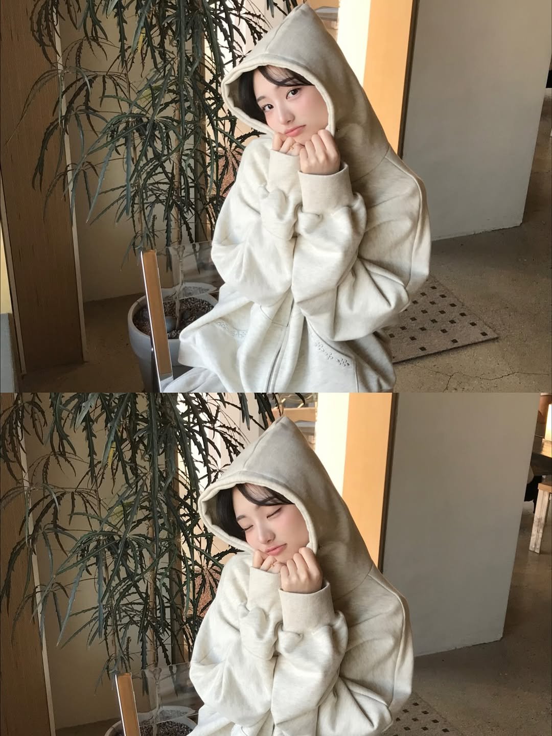 Photo shared by 소이 on September 01, 2025 tagging @yso.0fficial. May be an image of 2 people, duffle coat, headscarf, sleepwear, shawl, drawstring, cloak, poncho, robe, bath robe, parka and text.