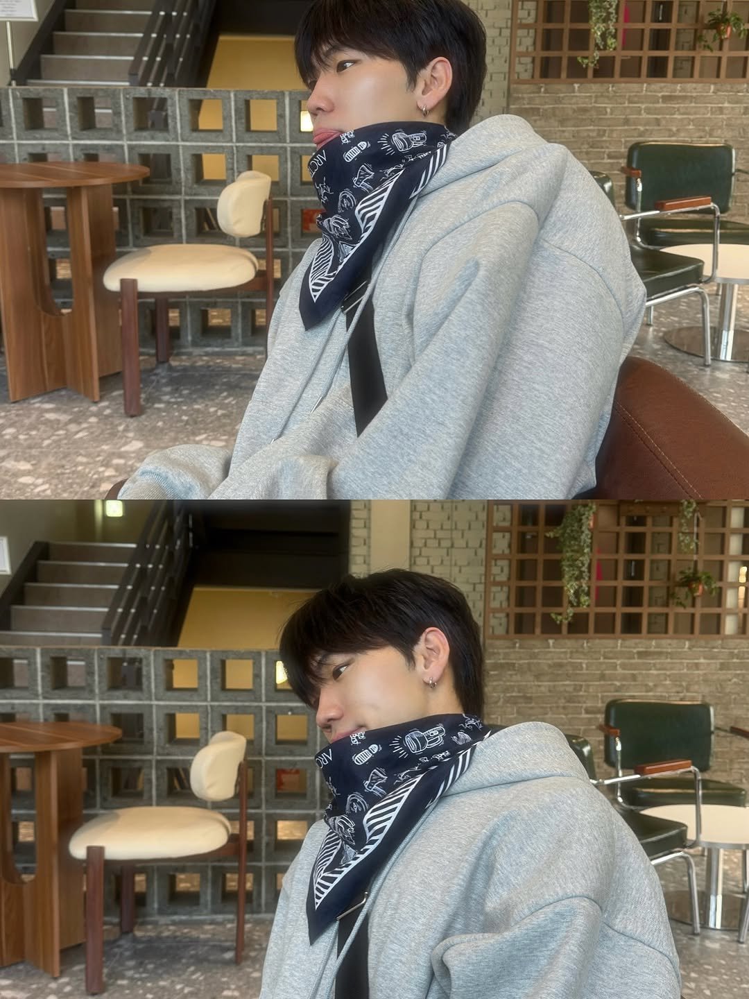 Photo by 김용빈 / 유포어 on September 17, 2025. May be an image of 2 people, duffle coat, scarf, face mask, turtleneck, bandanna, shawl, cloak and text.