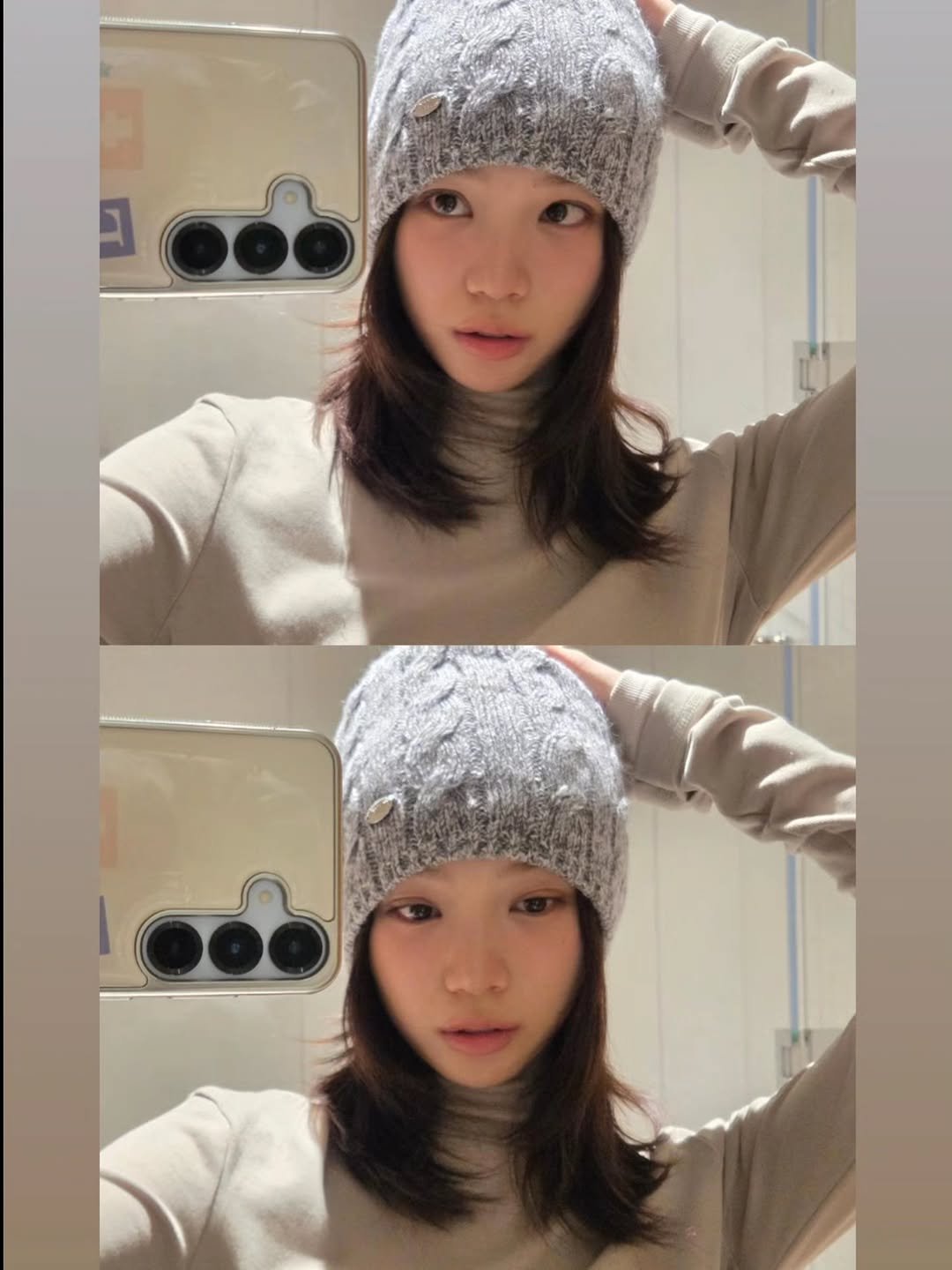 Photo by 김채원 (CHAEWON) on December 24, 2025. May be an image of duffle coat, hat, knit, turtleneck, beret and text.