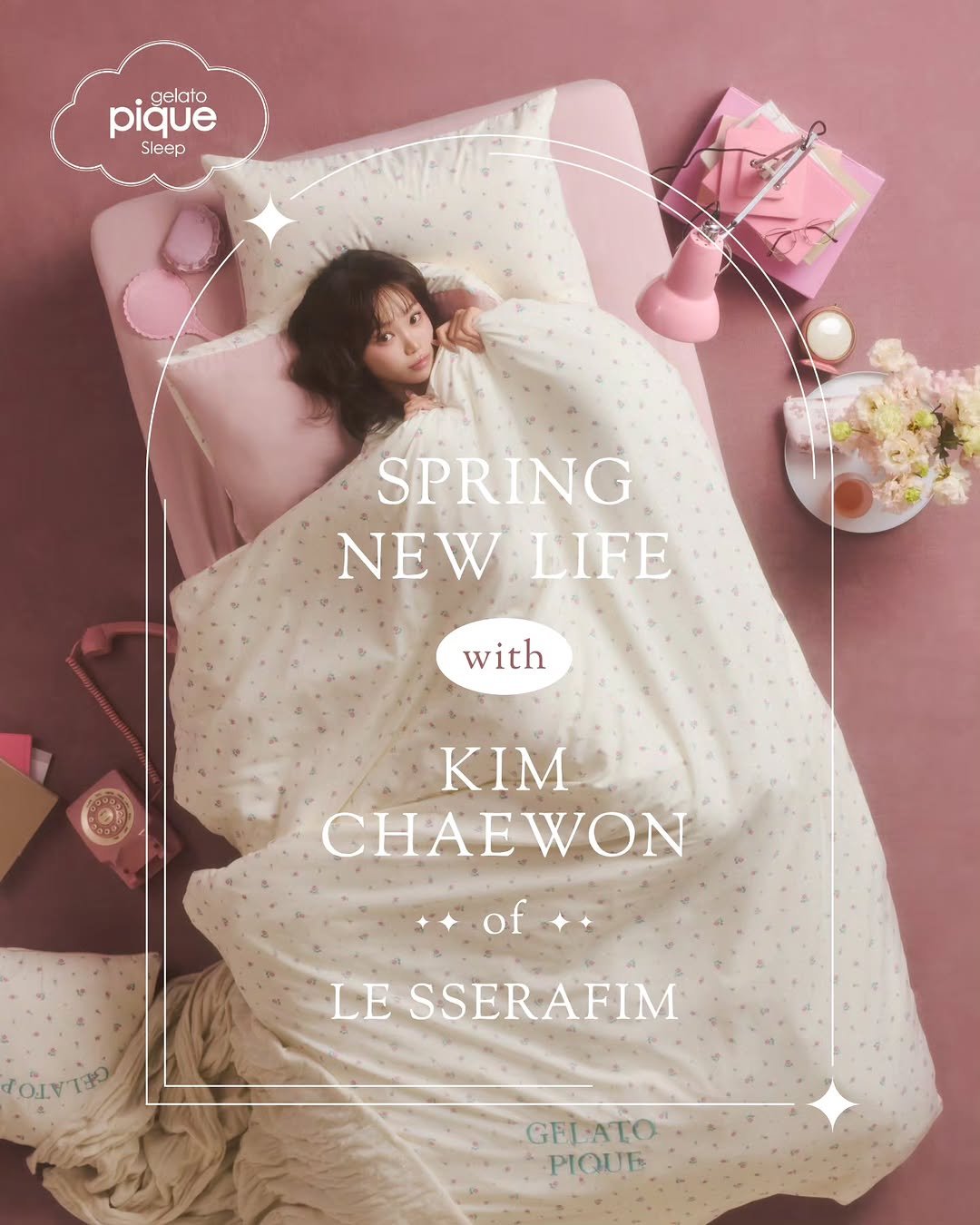 Photo shared by 김채원 (CHAEWON) on April 11, 2026 tagging @gelatopique_official, and @gelatopique_korea. May be an image of magazine, baby bed, poster and text that says 'gelato pique Sleep SPRING NEW NEWLIFE LIFE with KIM CHAEWON +of of อขาจิว LE SSERAFIM GFLATO PIQUE'.