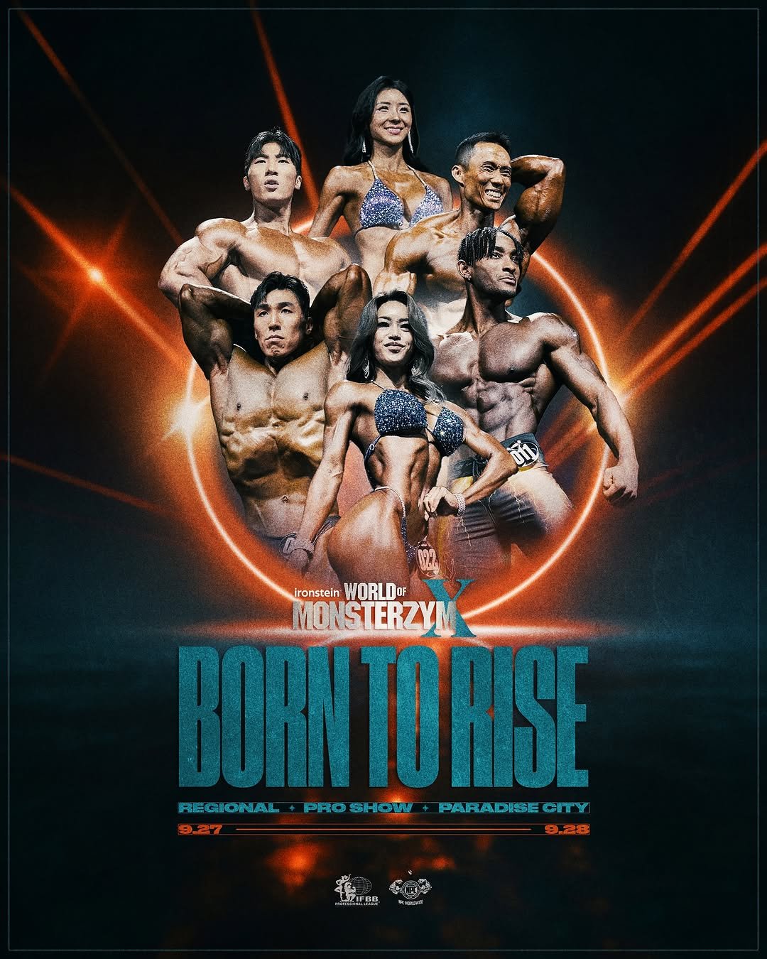 Photo shared by MONSTERZYM 몬스터짐 on September 18, 2025 tagging @t_manion, @the_____song, @ifbbpro_bigchoi, @robinchang_ifbbpro, @_charles_emmy_, @ifbbpro_mr.woo, @ifbbproleaguekorea, @skktube, and @cosmos_era_sports. May be an image of ‎4 people and ‎text that says '‎ironsteinWORLDOF ironstein WORLDOF MONSTERZYN BORNTORSE RE EGIONAL GION PRO GHOW PARADISECITY CITY 9.27 9.28 愛堂 មូន مaraS இறத் යණ‎'‎‎.