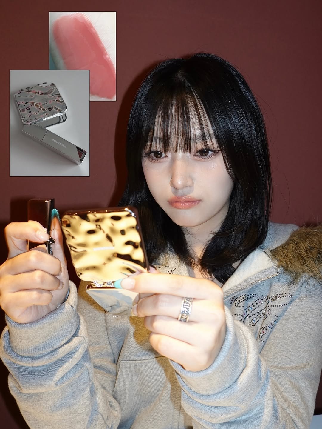 Photo shared by 김은솔 on November 21, 2025 tagging @hemeko.o, and @rowaro_official. May be an image of one or more people, makeup, lipstick, eyeliner, chocolate bar, cigarette case and text.