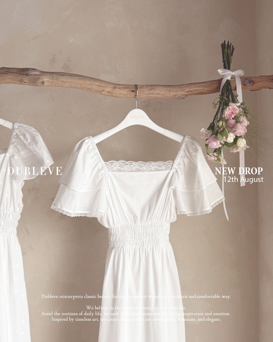 Photo by 드브르베 DUBLEVE on August 08, 2025. May be an image of text that says 'DUBLEVE NEWDROP NEW DROP 12th August 주유의닭랑 bteea and comfortable way. Dubleve reinterprets classic We belic Amid he routines daily life Inspired by by timeless rt, nspiration and emotion. eminine,andelegant. inine, and legant'.