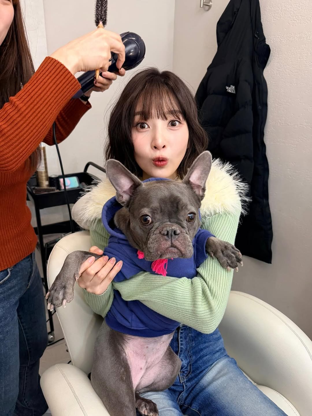 Photo by Joy on December 27, 2025. May be an image of one or more people, hair, Boston terrier and text.