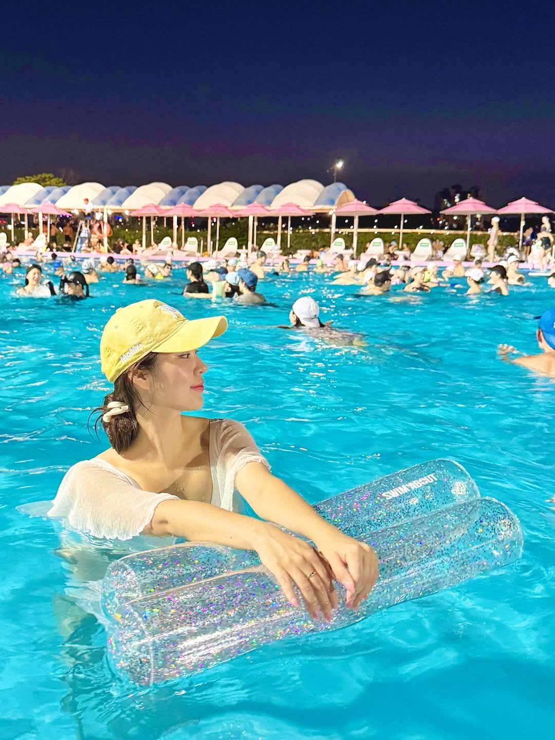 Photo by 𝒮𝒾𝓇𝒾 on September 09, 2025. May be an image of 2 people, people swimming, raft, pool, cabana and text.