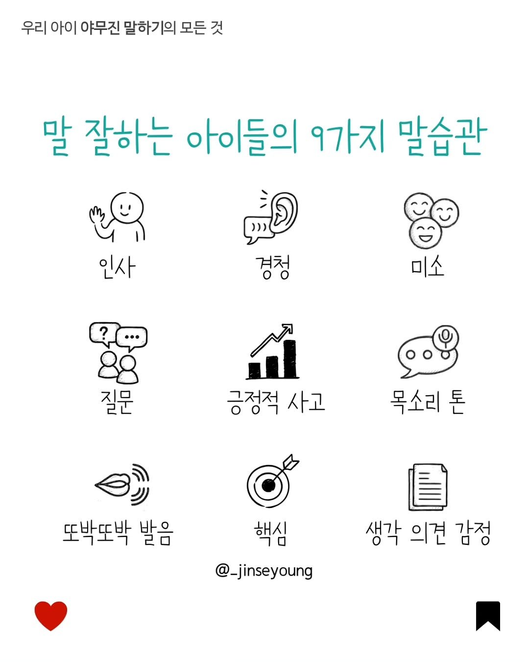 Photo by 진세영 | 키즈스피치 ᆞ 독서논술 on November 25, 2025. May be an image of text that says '우리 아이 야무진 말하기의 모든 것 말 잘하는 아이들의 9가지 말습관 നව 경청 인사 미소 질문 긍정적 사고 목소리 톤 또박또박 발음 핵심 @_jinseyoung 생각 의견 감정'.