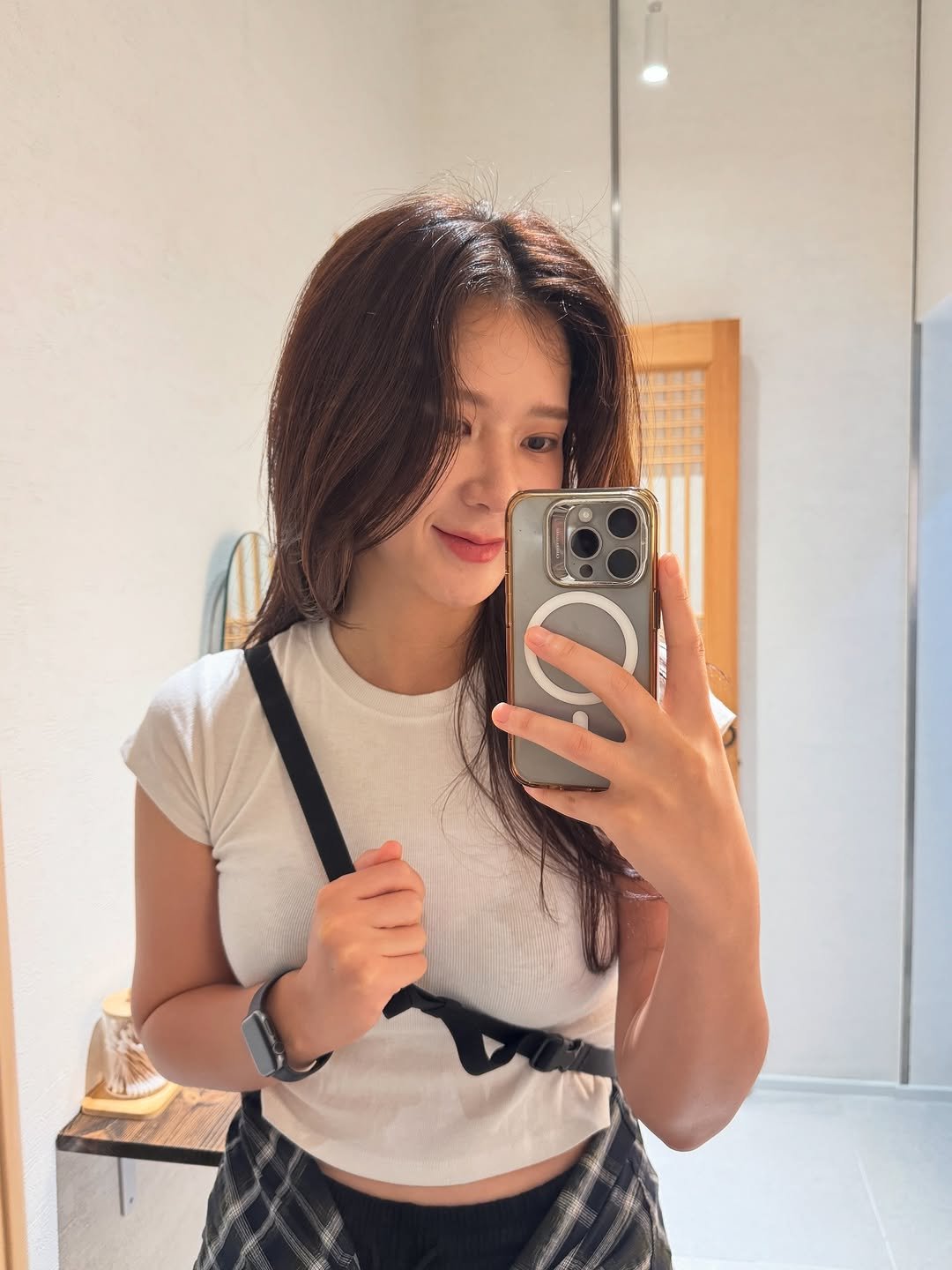 Photo shared by 🦦 on September 02, 2025 tagging @theseolha_spa. May be a selfie of 1 person, hair, mirror, sling and text.