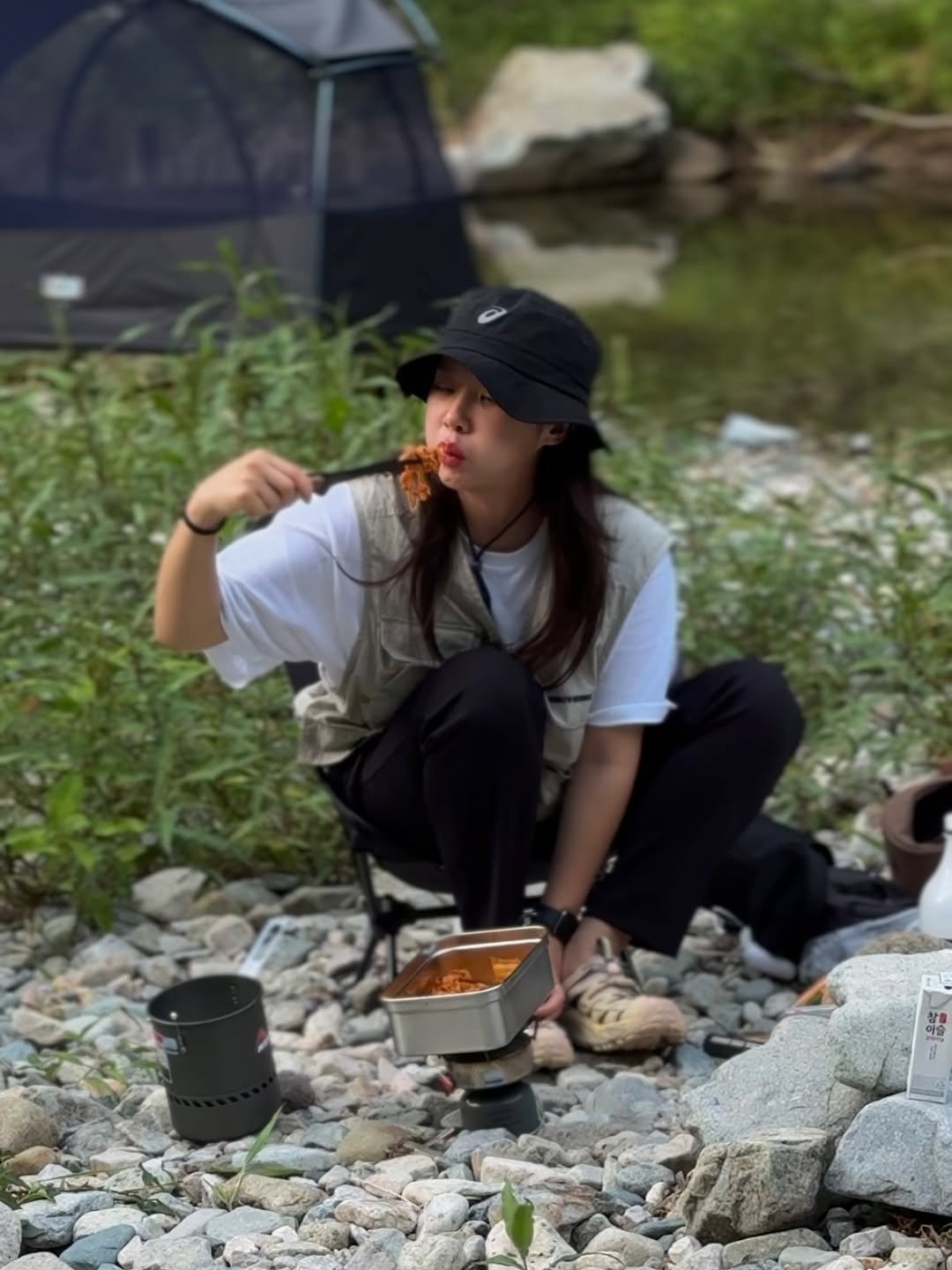 Photo shared by 🦦 on August 06, 2025 tagging @golchigi. May be an image of 1 person, camping, picnic and text.