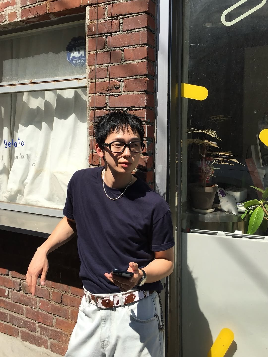 Photo shared by 본캐 : 이준혁 | 부캐 : 리제임스 on August 10, 2025 tagging @maisonmargiela, @gentlemonster, @hyeonwoo_chawoo, @eoustudio.archiving, @leire_seoul, and @hiddenbehind_seoul. May be an image of 1 person, bandage, brick wall and text.