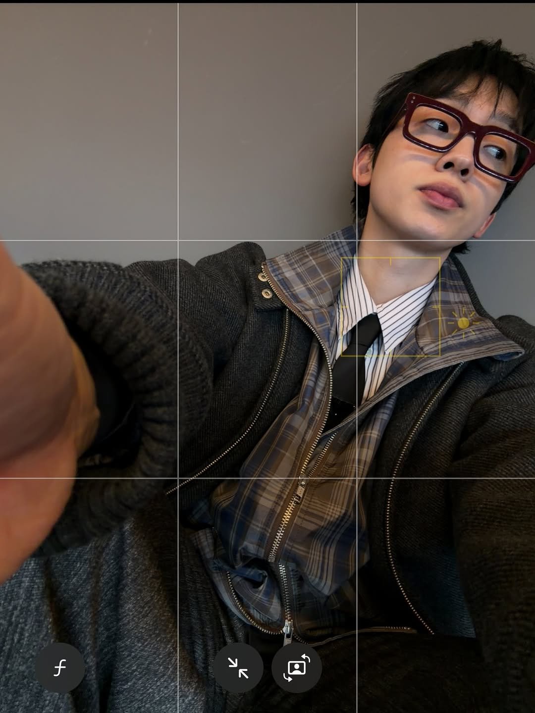 Photo shared by 이준혁 on December 25, 2025 tagging @ballute_official, @prada, @keemseunghwvn, and @threecheers_official. May be a selfie of duffle coat, eyeglasses, bolo tie and text.