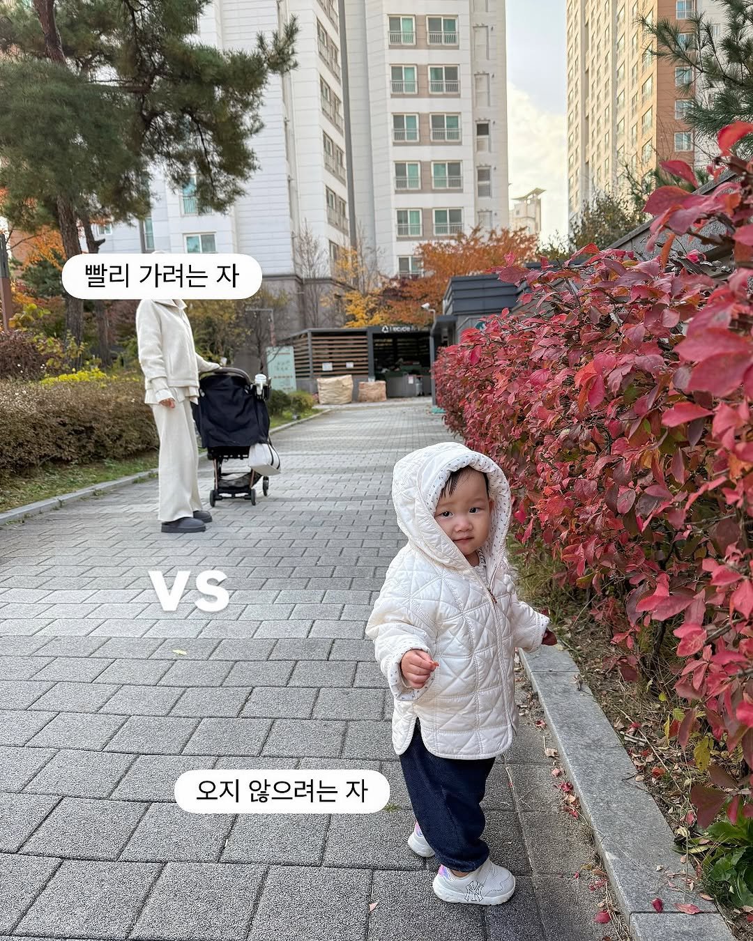 Photo by 리니블 on November 10, 2025. May be an image of baby, duffle coat, goosedown coat, parka, street and text that says '빨리 가려는 발리가려는자 자 VS 오지 않으려는 자'.