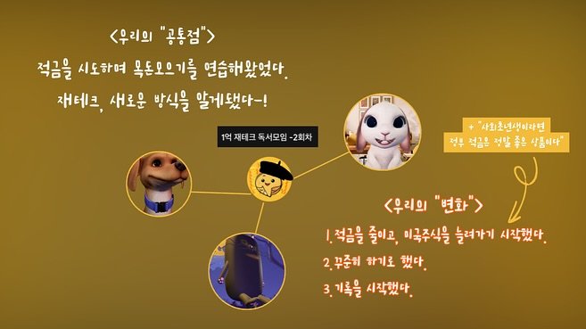 Photo by 밀리언치즈 | 2030 재테크• 주식• 기록 on July 31, 2025. May be a doodle of text that says '<우리의 "공통점"> 고토점" 적금을 시도하며 목동모으기를 연습해왔었다. 재테크, 새로운 방식을 알게됐다-! 1억재테크독서모임-2회차 1억 재테크 독서모임 2회차 "사회초년생이라면 정후 석금은 금을성말좋은상품이다" 정말 좋은 사큼이다 <우리의 <우리의변화" "변화"> .적금을 줄이고, 미국주식을 늘려가기 시작했다. 2 2.꾸준히 하기로 했다. 3.기록을시작했다. 기록을 시작했다.'.