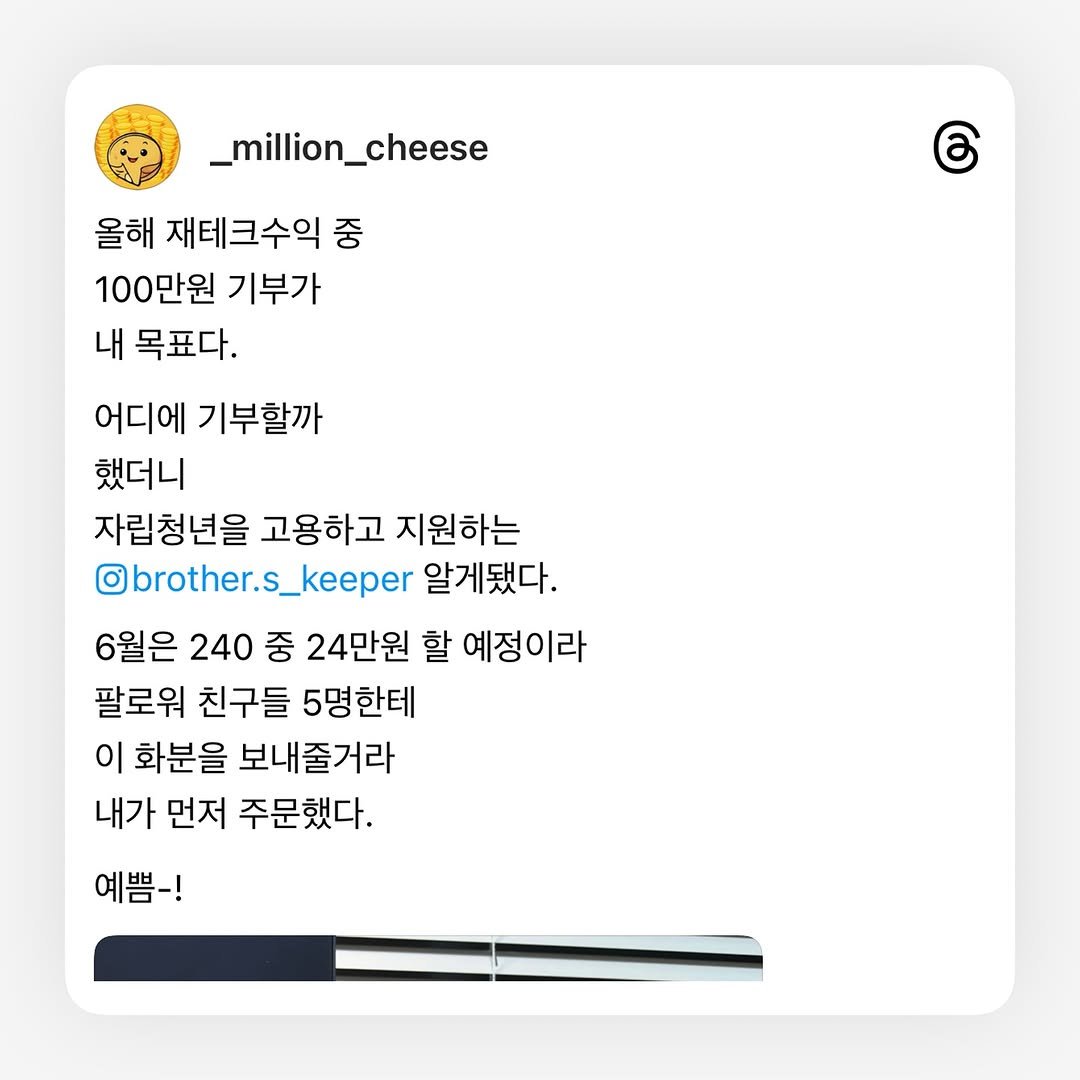Photo by 밀리언치즈 | 2030 재테크• 주식• 기록 on July 03, 2025. May be a Twitter screenshot of pie and text that says '_million_cheese 올해 재테크수익 중 100만원 기부가 내 목표다. ල 어디에 기부할까 했더니 자립청년을 고용하고 지원하는 @brother.s_keeper _keeper 알게됐다. 6월은 240 중 24만원 할 예정이라 팔로워 친구들 5명한테 이 화분을 보내줄거라 내가 먼저 주문했다. 예쁨-!'.
