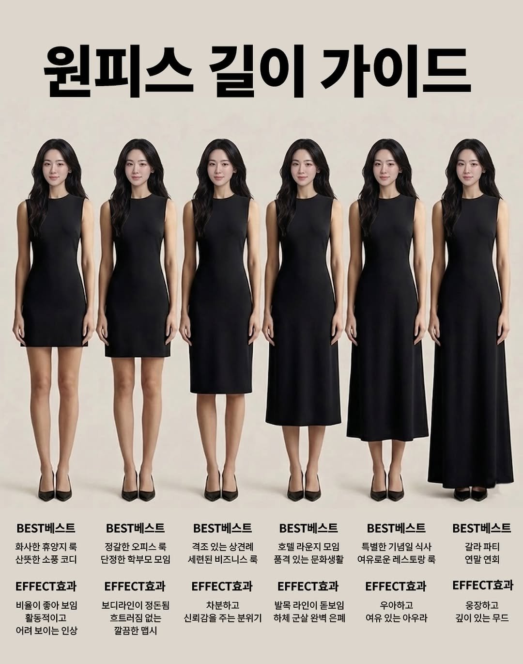 Photo by 무드혜 | 라이브방송 | 3040 체형커버 on April 09, 2026. May be an image of poster, dress and text that says '원피스 길이 가이드 BEST베스트 화사한 휴양지 화사한휴앙지룩 룩 산뜻한 소풍 코디 BEST베스트 정갈한오피스룩 룩 정갈한 오피스 단정한 학부모 단정한학부모모임 모임 BEST베스트 격조 있는 상견례 세련된 비즈니스로 BEST베스트 호텔 라운지모임 라운지 품격 있는 문화생활 .FET효과 비율이 좋아 보임 활동적이고 어려 보이는 인상 BEST베스트 특별한 기념일 식사 여유로운레스토랑 여유로운 레스토랑 록 ..E효과 보디라인이 정돈됨 흐트러짐 없는 깔끔한 맵시 BEST베스트 갈라파티 파티 연맡 연회 FECT효과 차분하고 신뢰감을 신뢰감을주는분위: 분위기 FFECT克 발목 목라인이돈보임 라인이 돋보임 하체 군살 완벽 은폐 .FECT효과 우아하고 여유 유있는아우라 있는 아우라 ..FEC.효과 운장하고 깊이 있는 무드'.