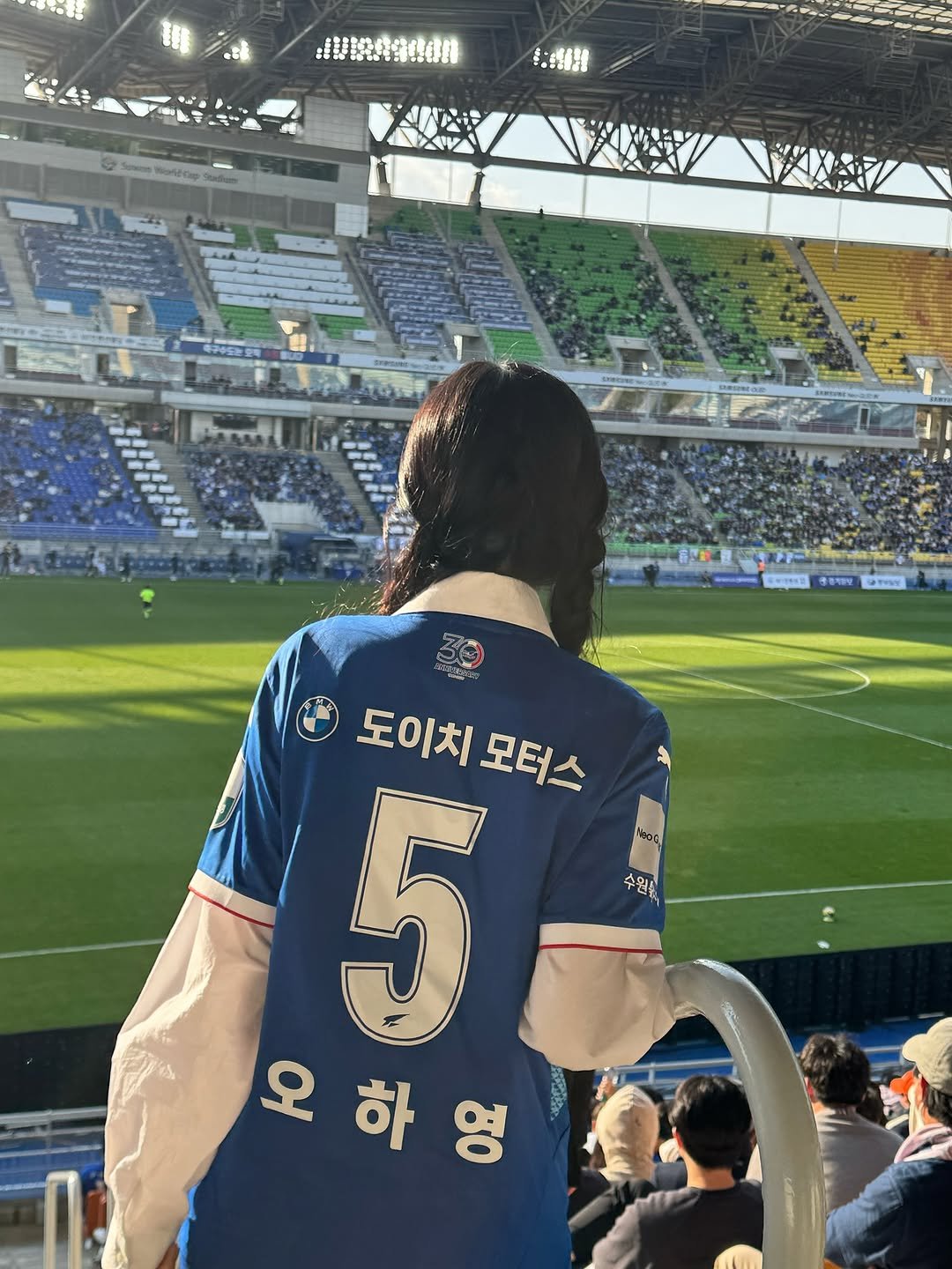 Photo shared by 오하영 Oh Hayoung on October 29, 2025 tagging @suwonsamsungfc. May be an image of soccer, football, stadium and text.