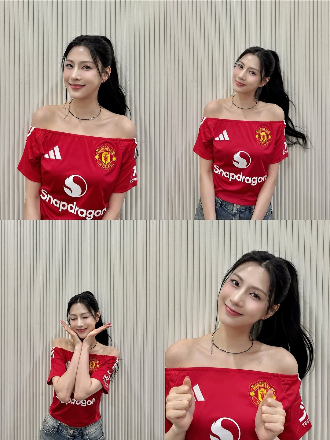 Photo shared by 오하영 Oh Hayoung on September 19, 2025 tagging @manchesterunited. May be an image of 4 people, hair, sleepwear, top, dress and text.