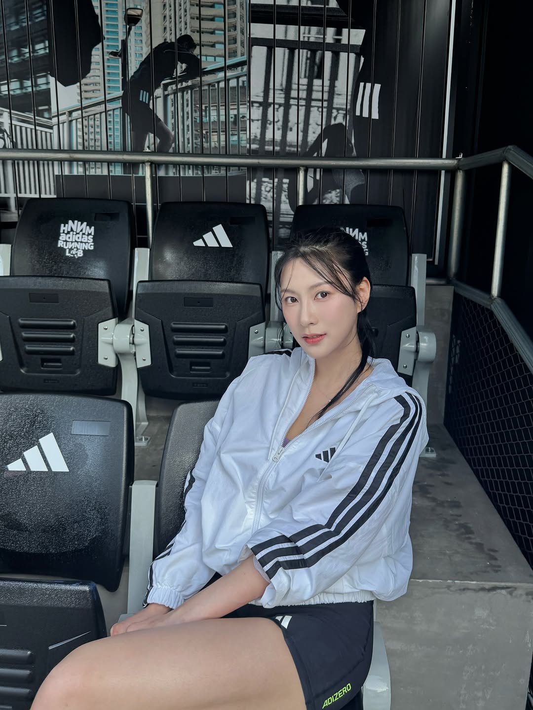 Photo shared by 오하영 Oh Hayoung on September 03, 2025 tagging @adidaskr. May be an image of 1 person, activewear, top, sportswear, shorts, sweatpants and text.