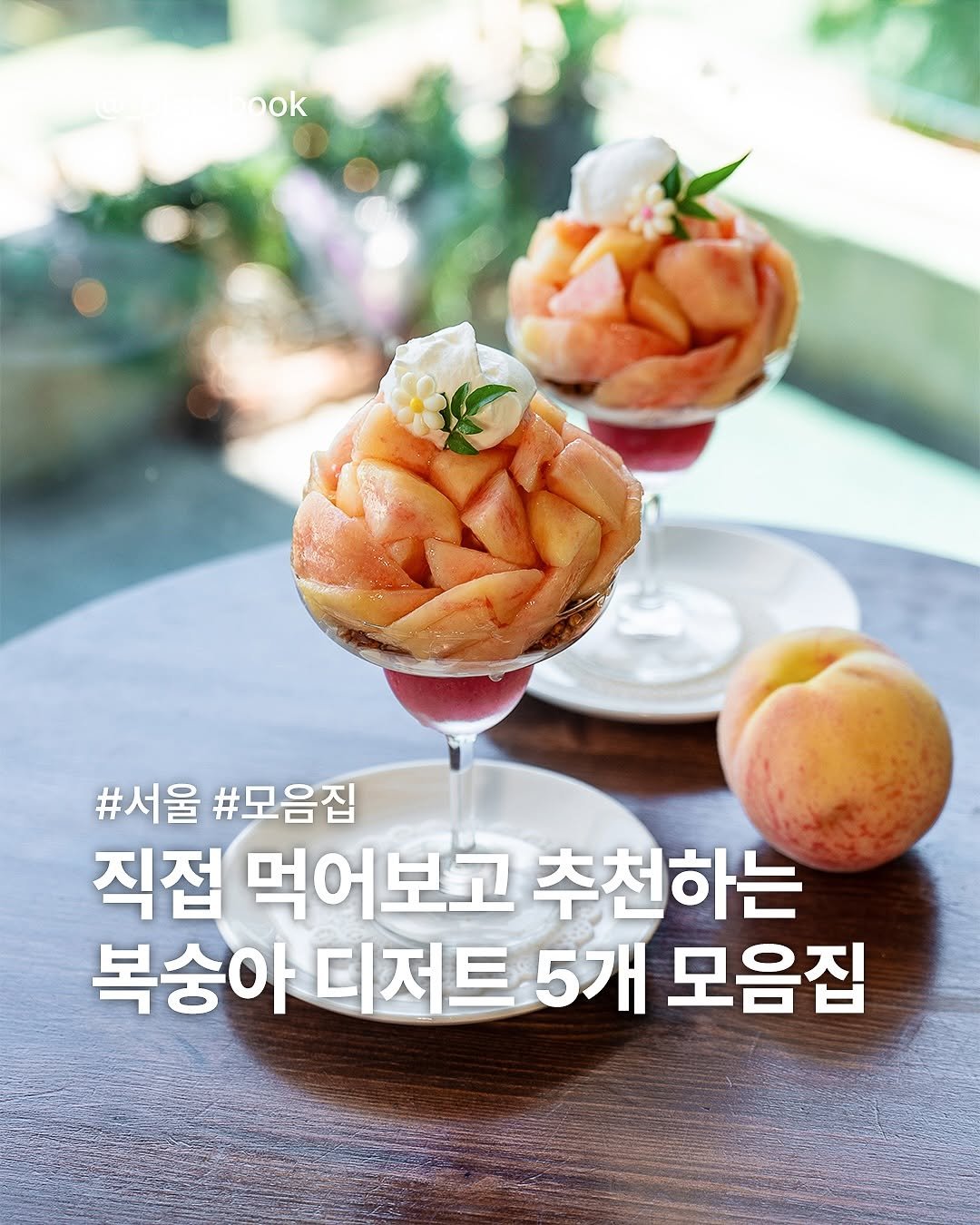 Photo by 플랜북 | 카페 전시 팝업 맛집 숙소 on August 10, 2025. May be an image of dessert, fruit cocktail and text that says 'pok #서울 #모음집 직접 먹어보고 추천하는 복숭아 디저트 복숭아디저트5개모 5개 모음집'.
