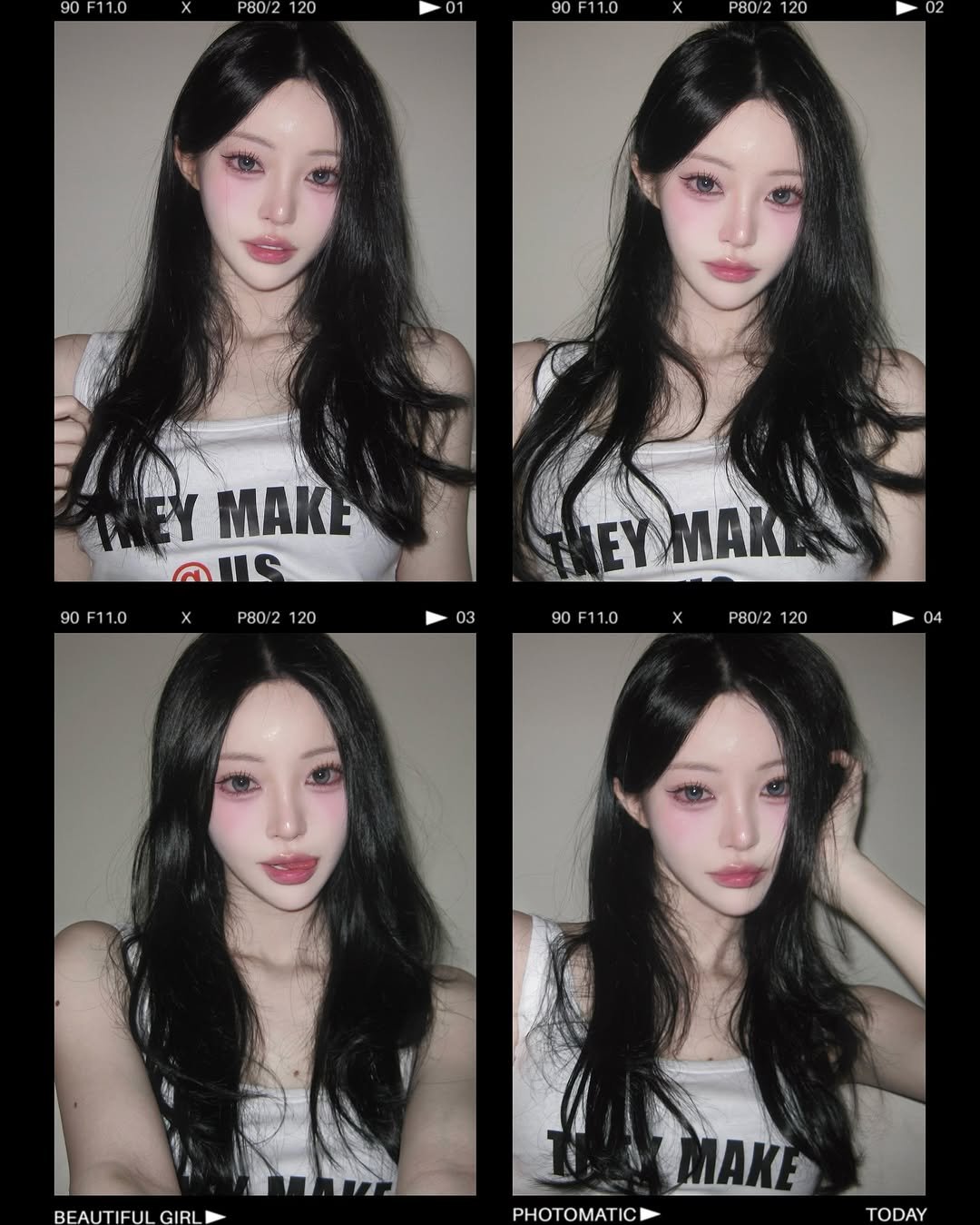Photo shared by 주연 on August 19, 2025 tagging @yeon_s_. May be an image of 4 people, hair and text that says '90F11.0 P80/2 P80 /2 1 120 20 90 0 F11.0 X P80 80/2 20 Y A QUS 90 F11.0 P80/2 /2 120 03 MEY EYMAK EYMAKE EY 90 F11.0 P80/2 P80/2120 120 04 BEAUTIFUL PHOTOMATIC MAKE TODAY'.