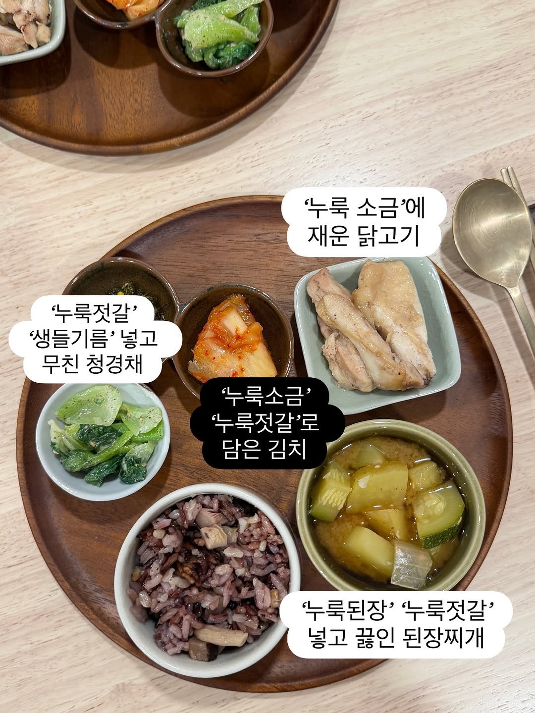 Photo by 시즈널키친 on February 02, 2026. May be an image of tofu and text that says ''누룩 소금'에 재운닭고기 재운 닭고기 '누룩젓갈' '생들기름'넣고 넣고 무친 청경채 '누룩소금' '누룩젓갈'로 담은 담은김치 김치 '누룩된장' '누룩젓갈' 넣고 끓인 된장찌개'.