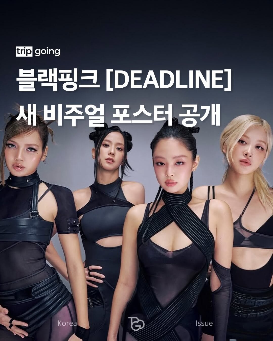 Photo shared by 트립고잉 tripgoing on February 19, 2026 tagging @blackpinkofficial, @jennierubyjane, @roses_are_rosie, @sooyaaa__, and @lalalalisa_m. May be an image of one or more people, hair, poster, magazine and text that says 'trip going 블랙핑크 [DEADLINE] 새 비주얼 포스터 공개 Korea Issue'.