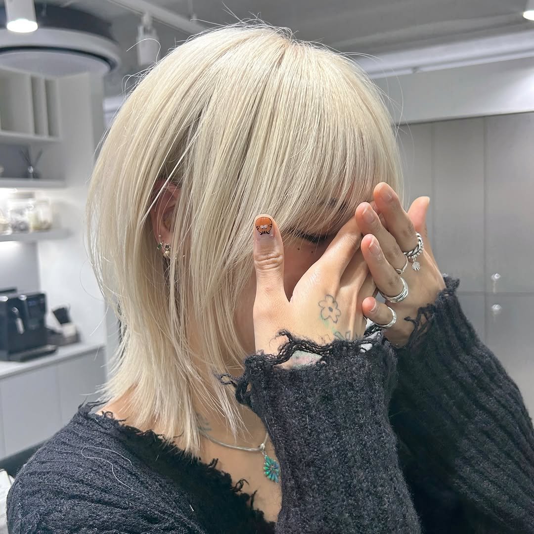 Photo shared by 에이노이헤어 연남점 다희 부원장 [ 연남동미용실 홍대미용실 탈색 염색 복구매직 레이어드컷 허쉬컷 ] on February 22, 2026 tagging @a.noi_yeonnam, and @anoihair. May be an image of one or more people, blonde hair, bangs, braids, top and text.