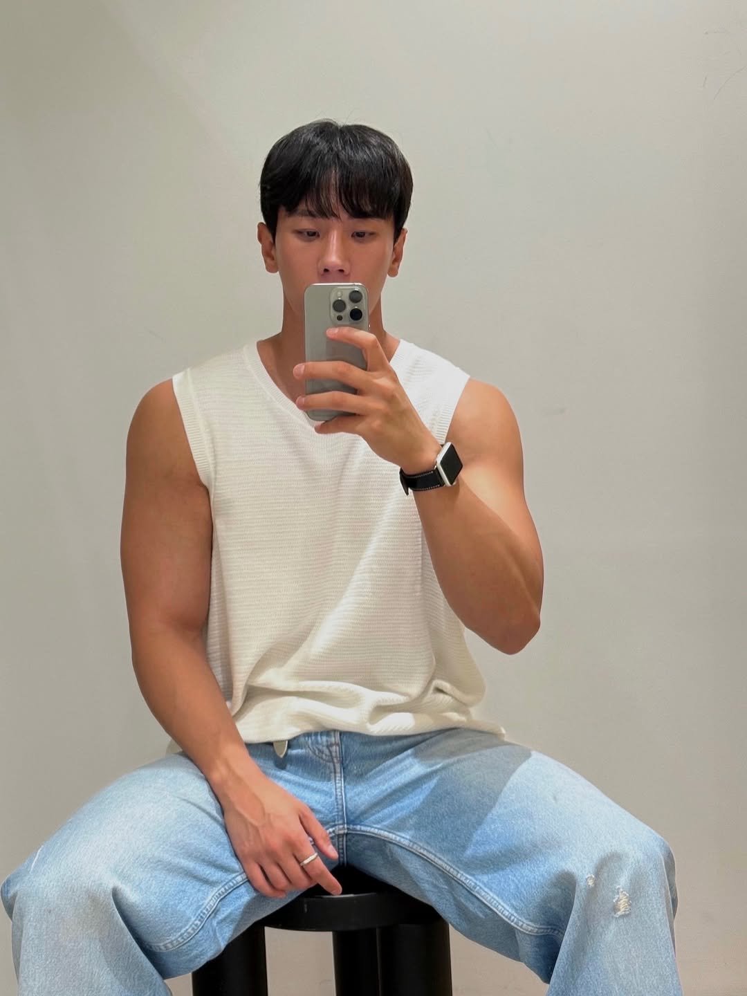 Photo by LEEJIKWON on July 29, 2025. May be an image of one or more people, hair, biceps, tanktop, top and text.