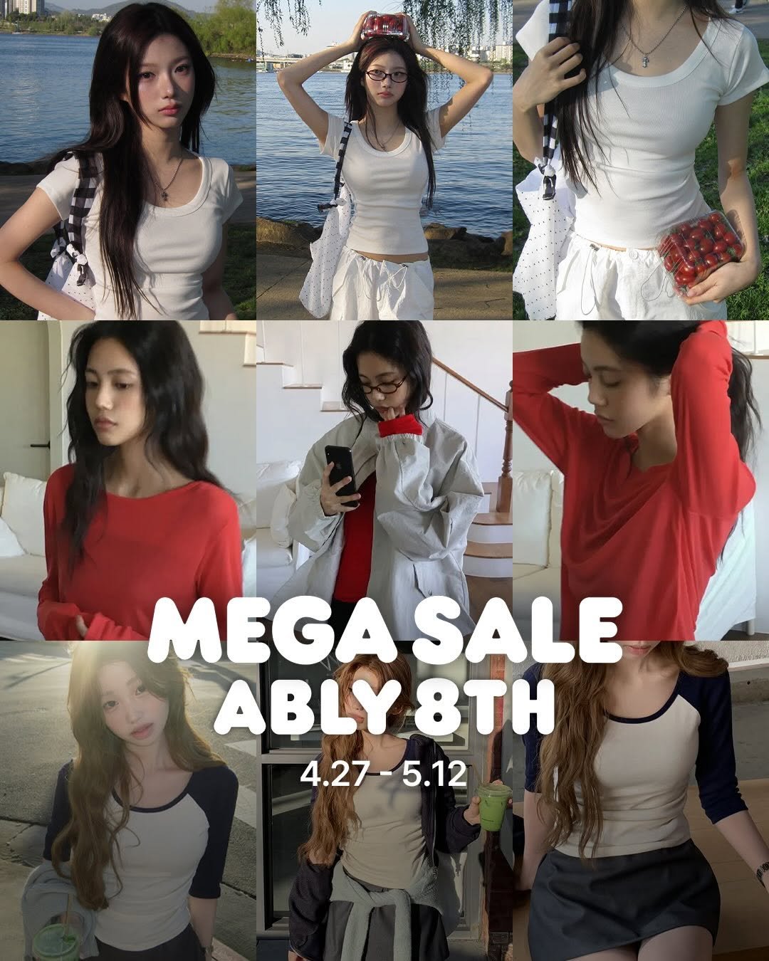 Photo by 에이블리 on April 27, 2026. May be an image of dress, top and text that says 'ሞኒ σπηι MEGA MEGASALE SALE ABLY ABLY8TH 8ΤΗ 4.27 4.27-5.12 5.12'.