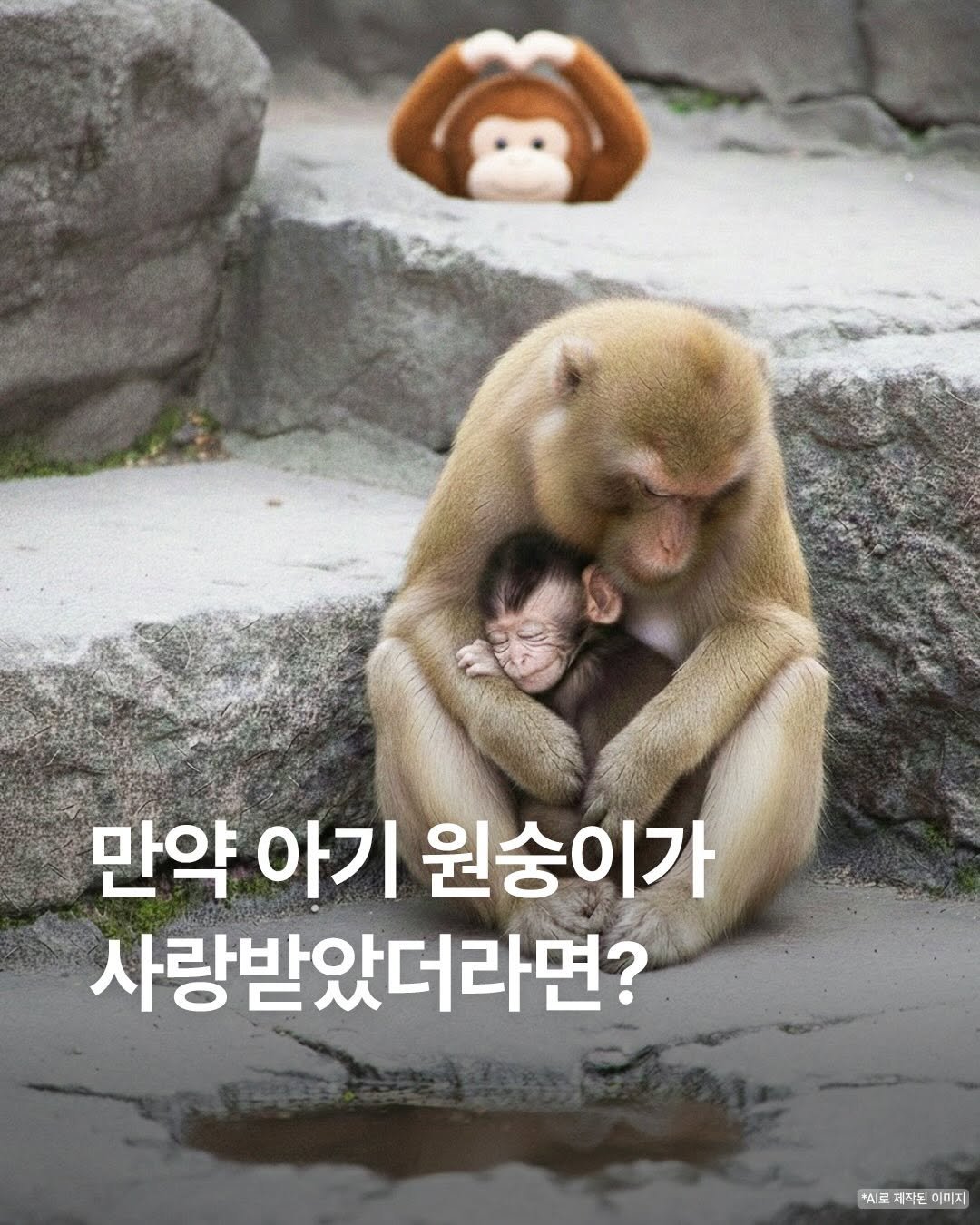 Photo by 에이블리 on February 24, 2026. May be an image of animal and text that says '만약 아기 원숭이가 원숭 사랑받았더라면? 시로제작은이미지 *시로 재작된 이미지'.