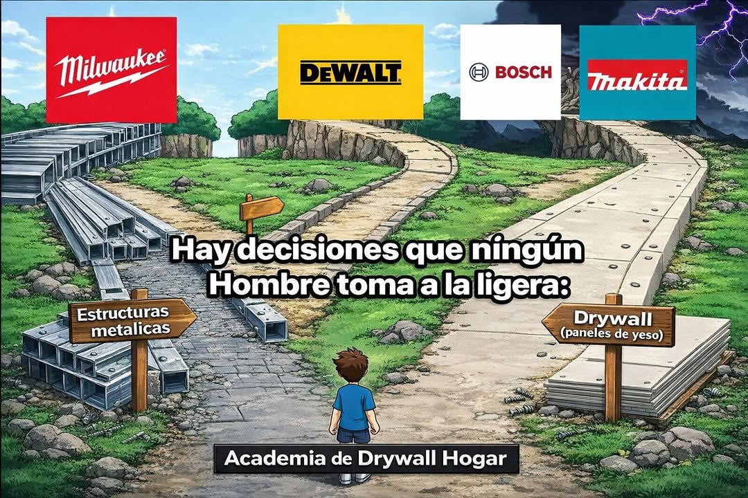Photo shared by Lenin Mendoza on December 19, 2025 tagging @academia.drywall_hogar. May be a meme of text that says 'Milwaukee DEWALT makita Estructuras metalicas Hay decisiones que ningún Hombre toma a la ligera: Drywall (paneles (paneleseyeso) de yeso) AcademiadeDrywallHogar Academia de Drywall Hogar'.