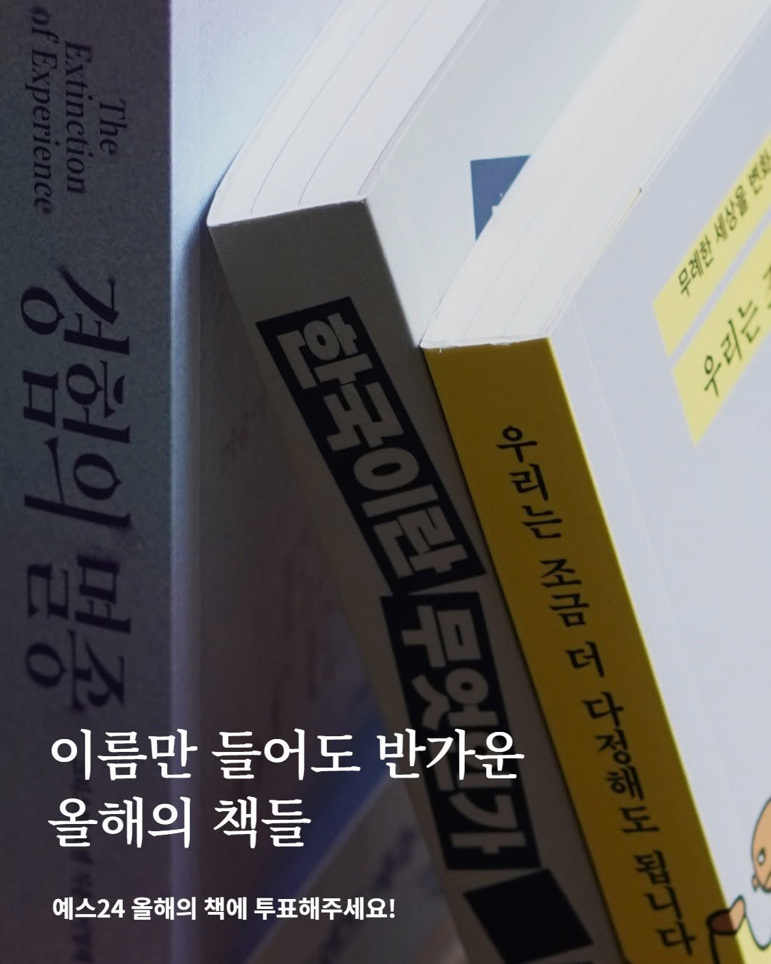 Photo by 어크로스 on November 11, 2025. May be an image of book and text that says '세상을 으려 우리는 % ጽብረ 이름만 들어도 반가운 올해의 책들 예스24 올해의 책에 투표해주세요!'.