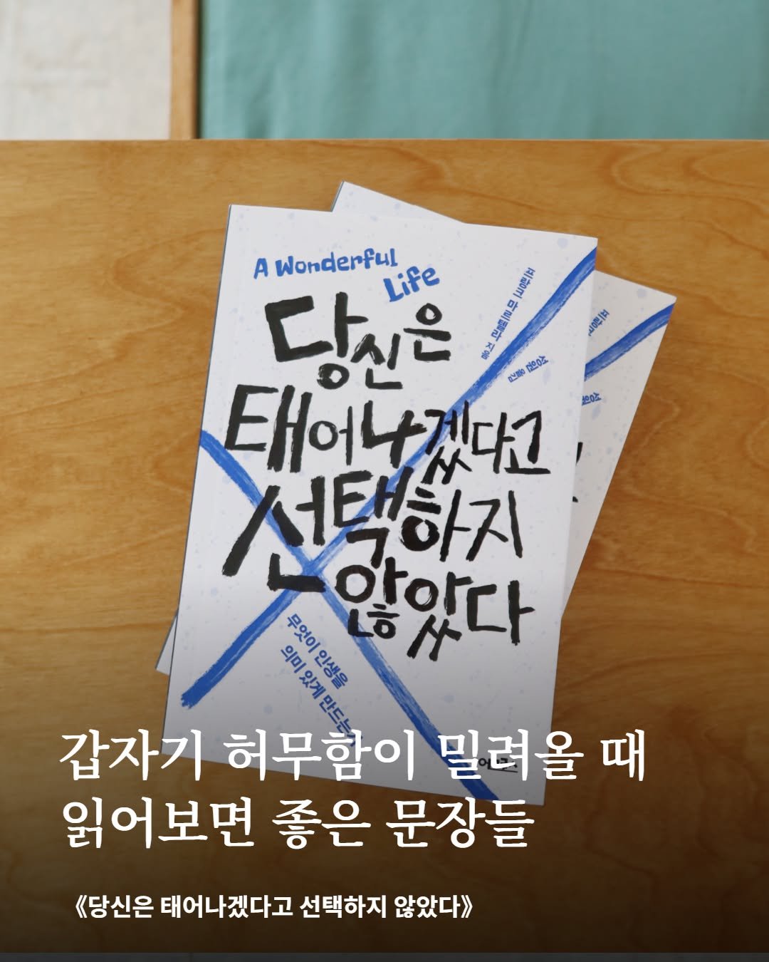 Photo by 어크로스 on December 23, 2025. May be an image of book and text that says 'と 速の子 A Wonderful Life 시0부(회 다 당신은 뿌이무 010.1 花称 だ公 태어나겠다고 나겠다고 태어 선택하지 액하지 शण កឡម្ម 있게 인생 무엇이 않았다 갑자기 허무함이 밀려올 때 PISS 읽어보면 좋은 문장들 《당신은 태어나겠다고 선택하지 않았다》'.