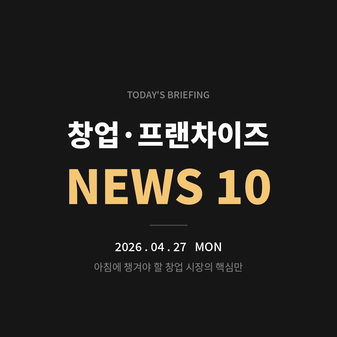 Photo by 행동탐험가 | 이재영 on April 26, 2026. May be an image of text that says 'TODAY'SBRIEFING TODAY'SBRIEFING TODAY'S BRIEFING 창업 프랜차이즈 NEWS 10 2026. 2026.04.27 04. 27 MON 2026 아침에 챙겨야할창업시장의핵심 아침애정겨야할창업시장의핵심만 시장의'.