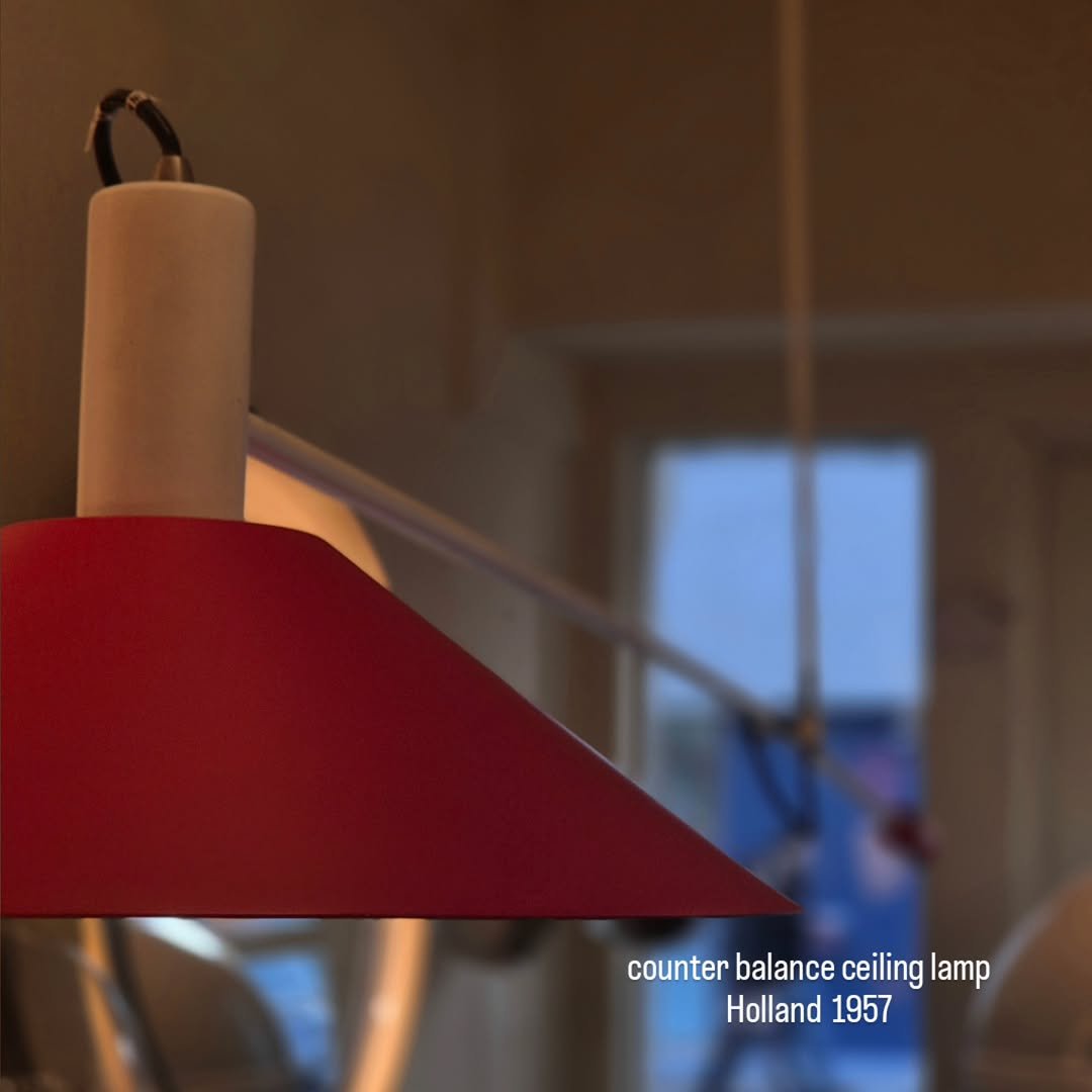 Photo by adel on October 29, 2025. May be an image of lighting, wind chime, lamp, lightbulb, lamp shade, socket and text that says 'counter balance ceiling lamp Holland 1957'.