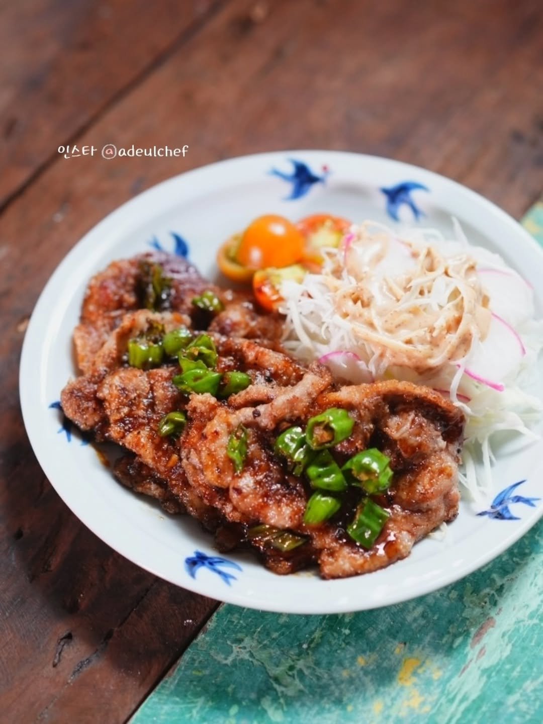 adeulchef 게시물 이미지: .
꽈리고추 목살구이

- 전분 뭍혀 구운 목살
 (너무 두껍지 않은 로스용) 
-...