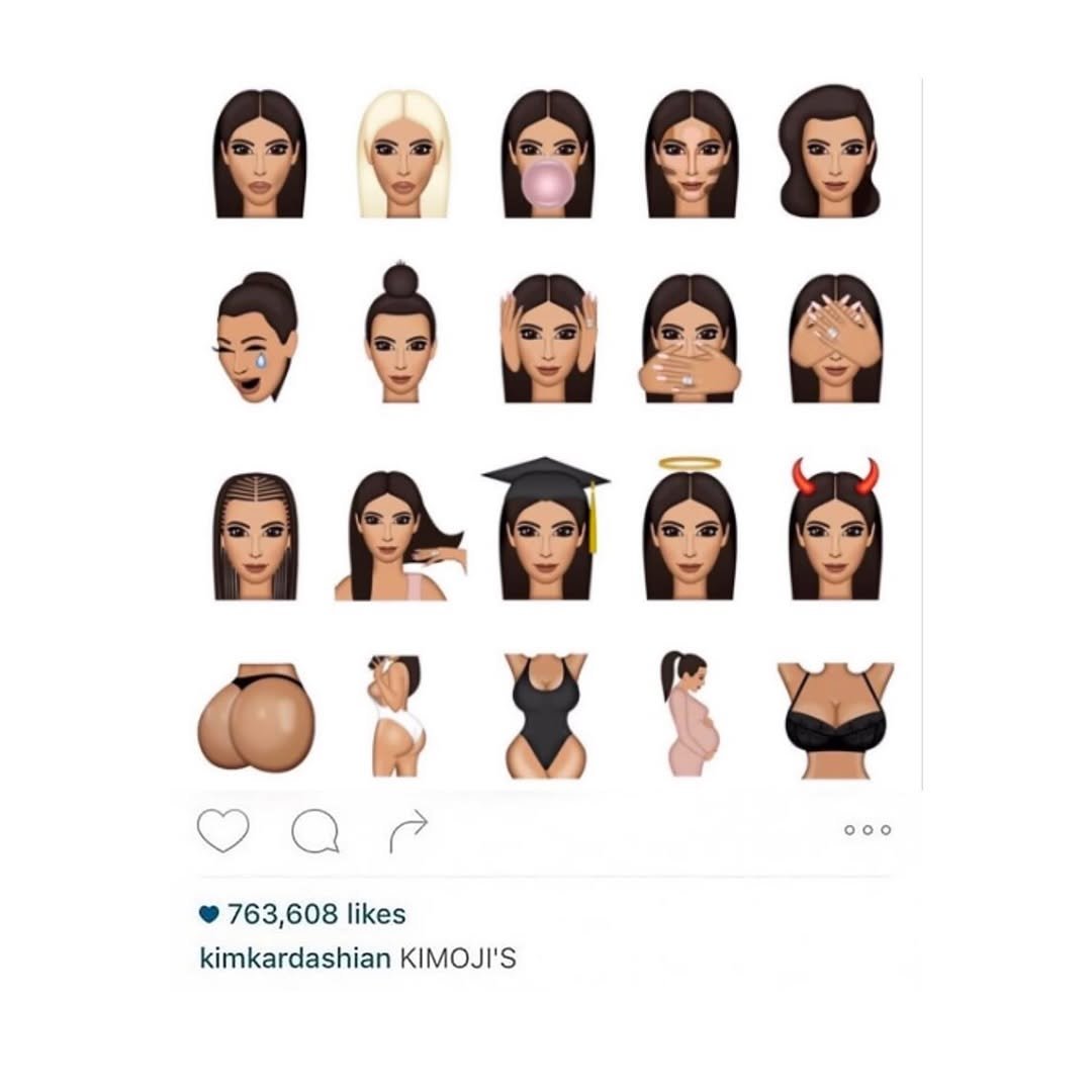 Photo by ADHD MAGAZINE on April 22, 2026. May be a Twitter screenshot of one or more people, makeup and text that says 'o 763,608 likes kimkardashian KIMOJI'S'.