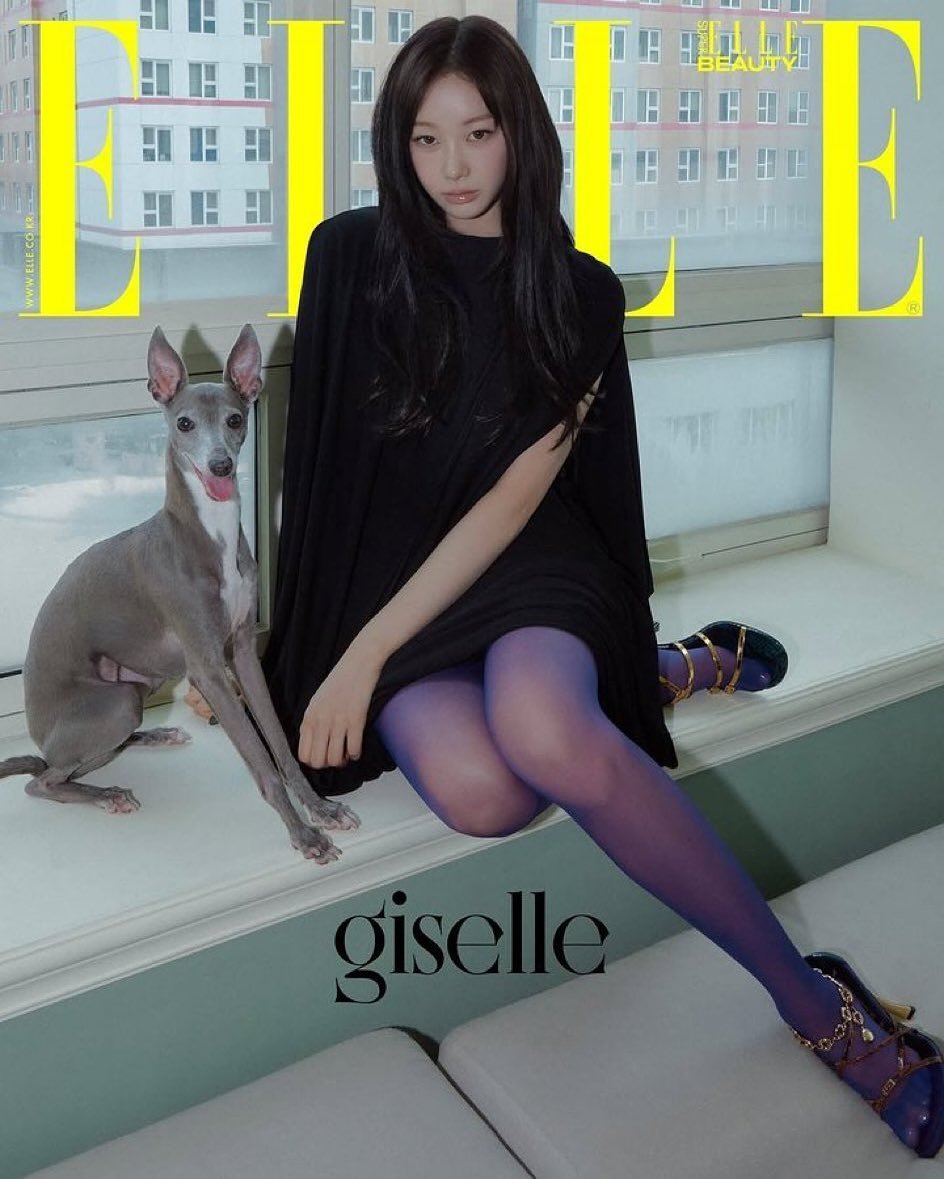 Photo shared by GISELLE on July 17, 2025 tagging @loewe, and @ellekorea. May be an image of 1 person, tights, magazine and text that says 'BEAUTY giselle'.