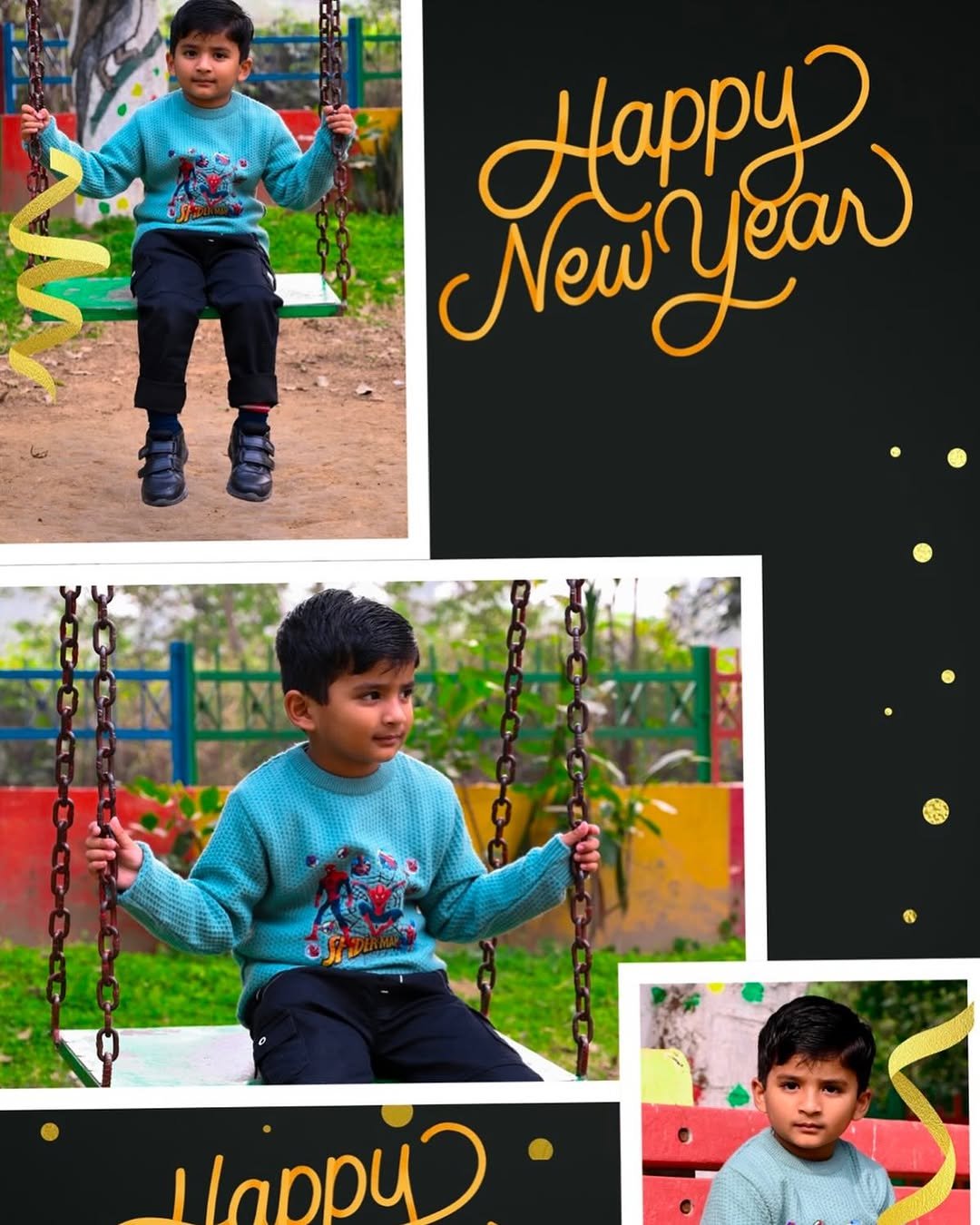 Photo by Afaq Khan on December 31, 2025. May be an image of child, smiling, standing, picnic, park and text that says 'Happy New tyear yοл lappy'.