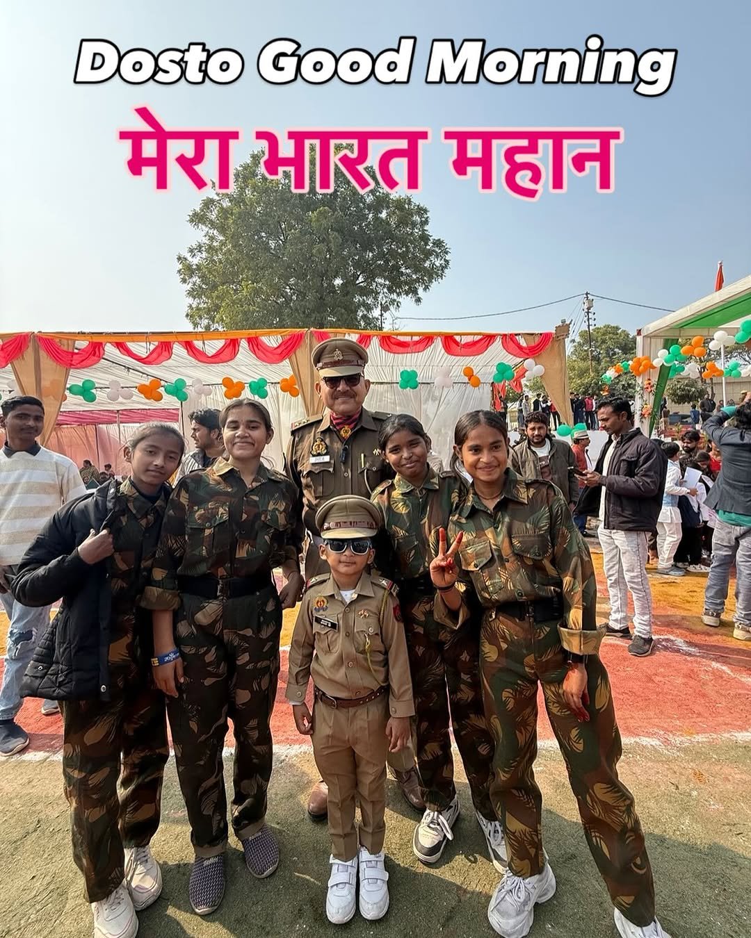 Photo by Afaq Khan on February 19, 2026. May be an image of standing, military uniform, poster, turban and text that says 'Dosto Good Morning मेरा भारत महान ααα T'.