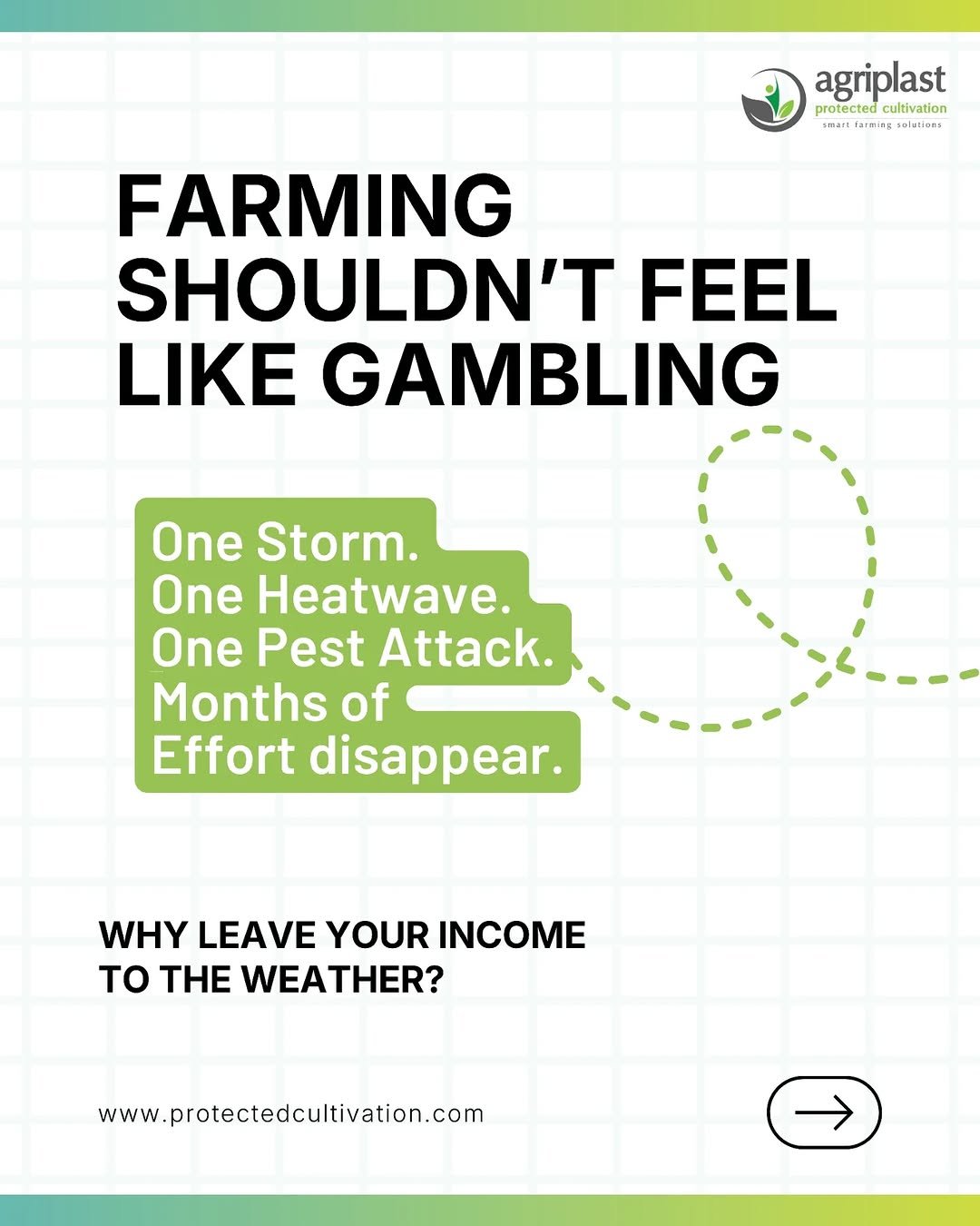 Photo by Agriplast Protected Cultivation Pvt Ltd on February 24, 2026. May be a graphic of magazine, poster, card, crossword puzzle and text that says 'TT agriplast prote protectedcultivation protecte cultivation आ KP1T: ERAR:1aNNing1SALeSs Knaл fatming E radtions FARMING SHOULDN'T FEEL LIKE GAMBLING One Storm. One Heatwave. One Pest Attack. Months of Effort disappear. WHY LEAVE YOUR INCOME To THE WEATHER? www.protectedcultivation.com'.