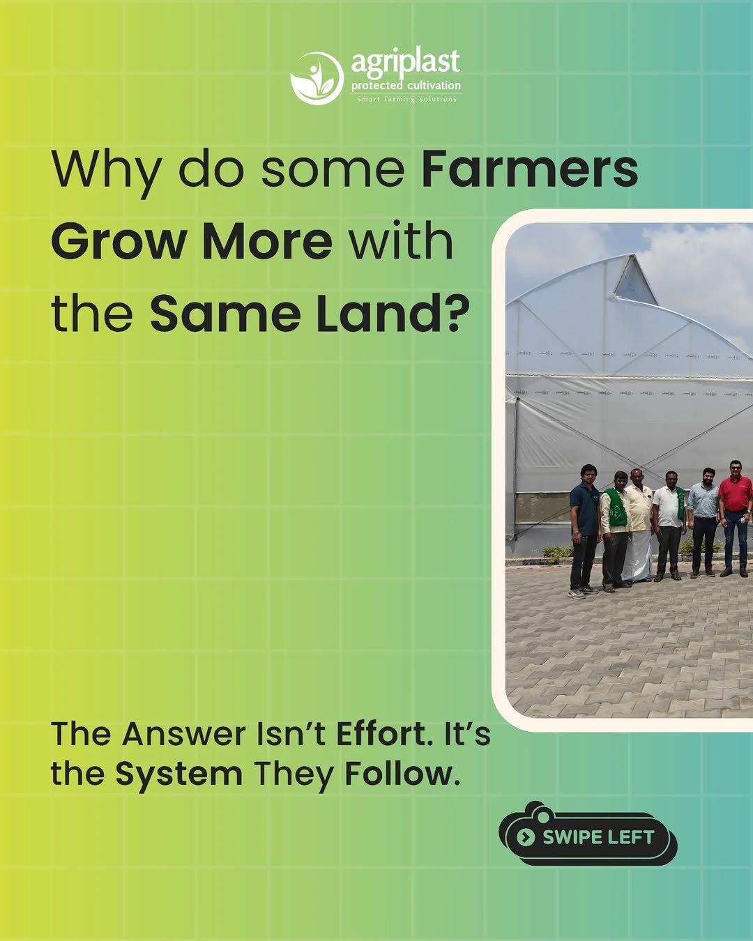 Photo by Agriplast Protected Cultivation Pvt Ltd on March 20, 2026. May be an image of plant and text that says 'agriplast protected protectedcultivation cultivation smart larmirs sulutiuta Why do some Farmers Grow More with the Same Land? The Answer Isn't Effort. It's theSystemTheyFollow. the System They Follow. SWIPE SWIPELEFT LEFT'.