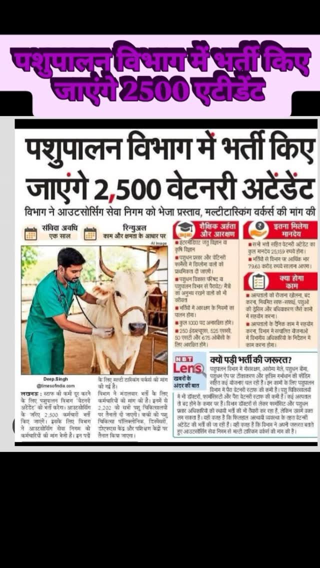 ahdp_bikaner_rajuvas 게시물 이미지: पशुपालन विभाग में भर्ती किए जाएंगे 2500...