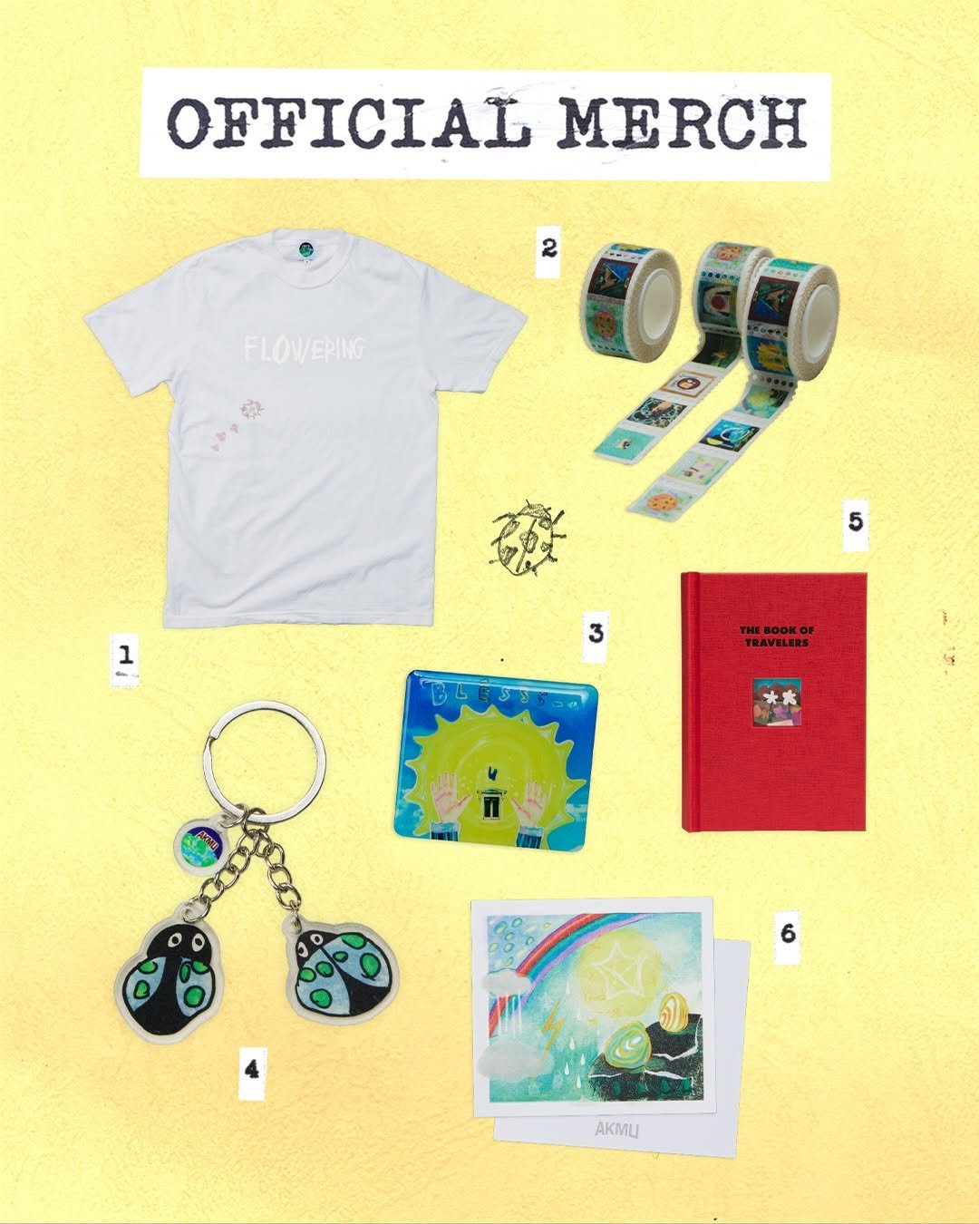 Photo by AKMU on April 14, 2026. May be an image of tambourine, poster and text that says 'OFFICIAL MERCH 2 FLOWERING 1 - 5 3 3 EBOOKO RAVELERS ** 6 AKMU'.