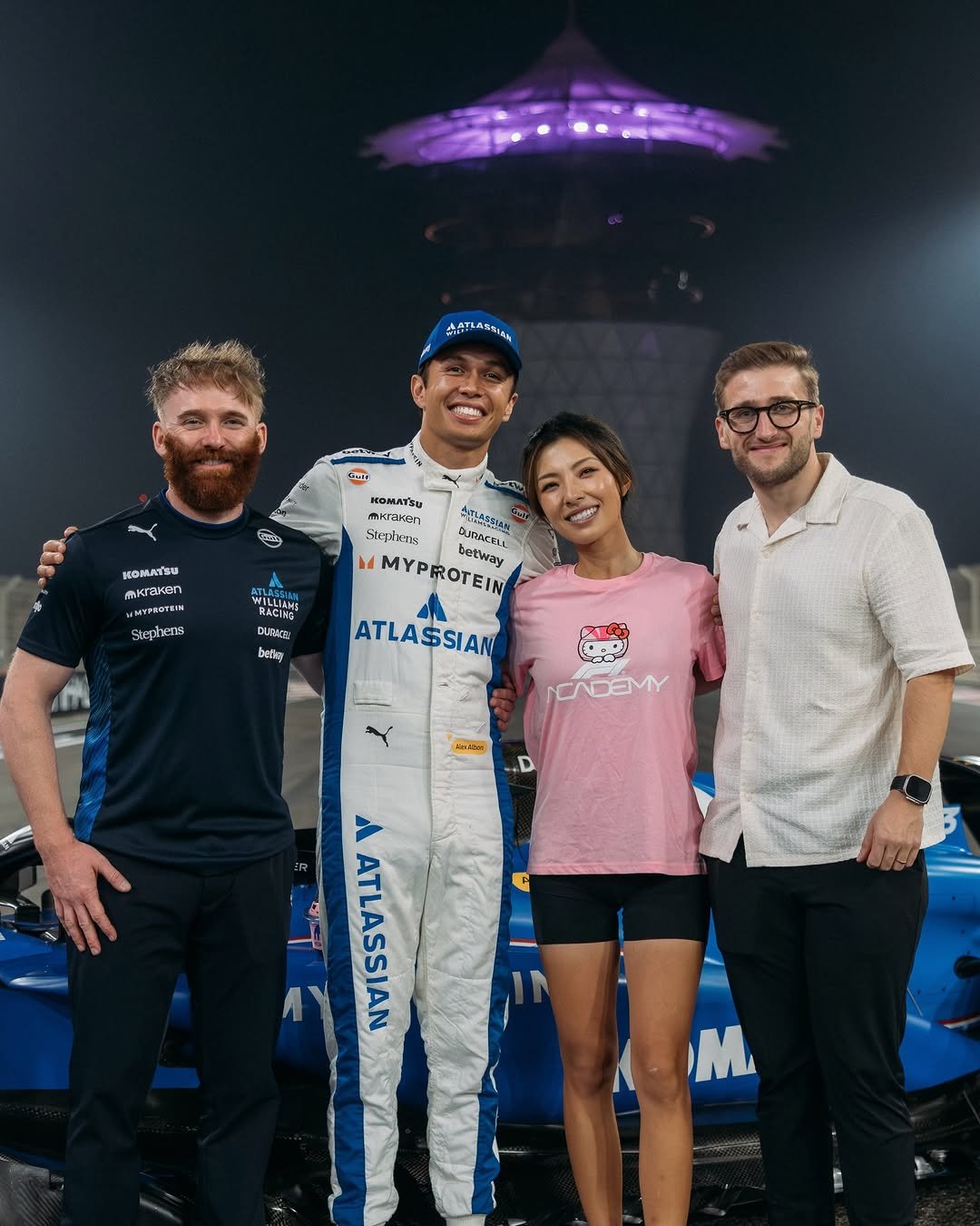 Photo shared by Alex Albon on December 08, 2025 tagging @patrickh_coach, @instacques, @lilymhe, and @aa23. May be an image of racing vehicles, race car and text.